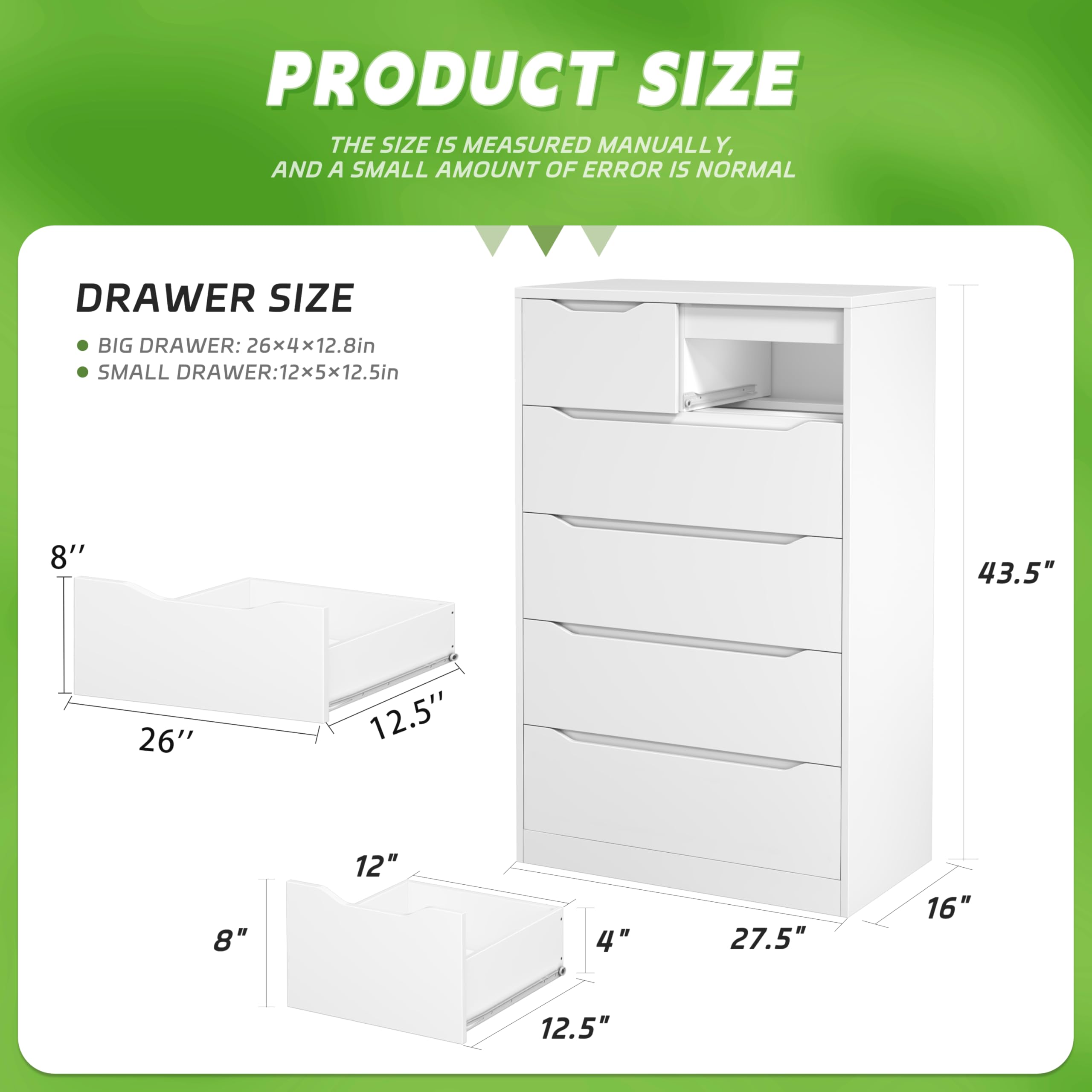 Greenvelly 6-Drawer Tall White Dresser for Bedroom & Nursery - Solid Wood Dresser with Smooth Metal Rails - Spacious Storage Chest of Drawers for Clothes, Toys & Home Organization