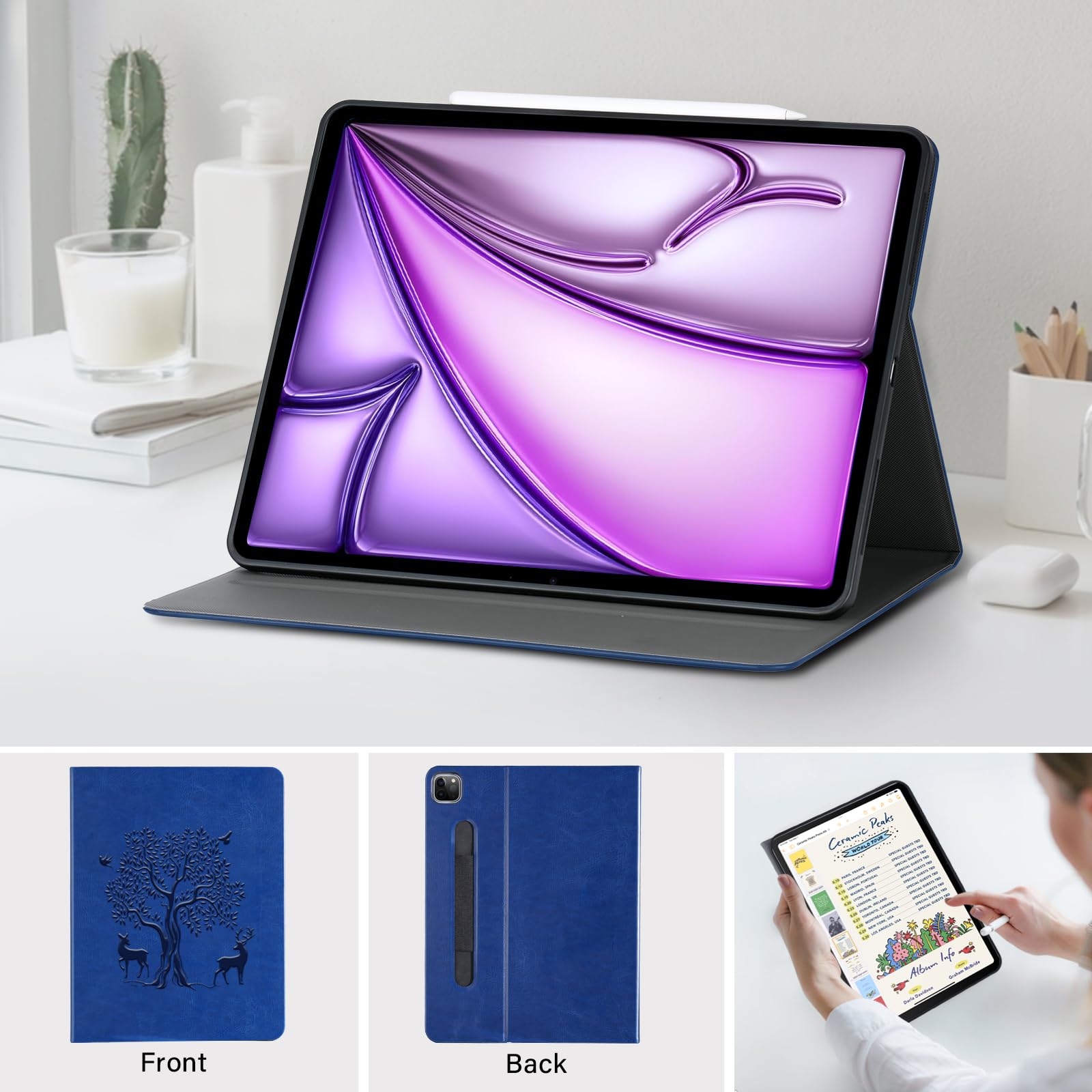 HFcoupe Magnetic iPad Air 13 Case (2024/2025 M3/M2) & iPad Pro 12.9 Case (5th/6th Gen) - Slim Protective Cover with Pencil Holder, Auto Wake/Sleep & Secure Closure - Navy Blue - Perfect for Work, School & Travel