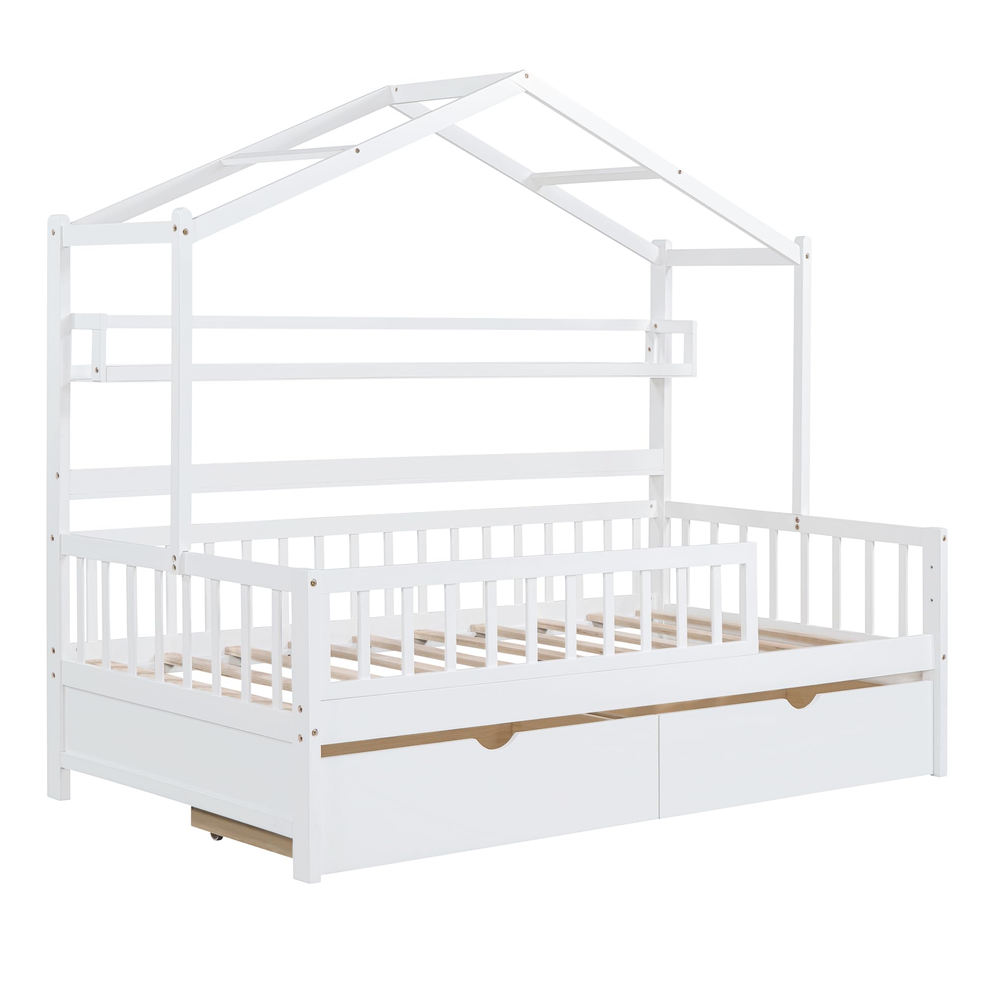 **Wooden Twin Size House Bed with 2 Drawers & Storage Shelf - Kids & Teens Bedroom Furniture for Boys & Girls - Perfect for Small Spaces, Playrooms & Cozy Bedrooms (Twin, White)**