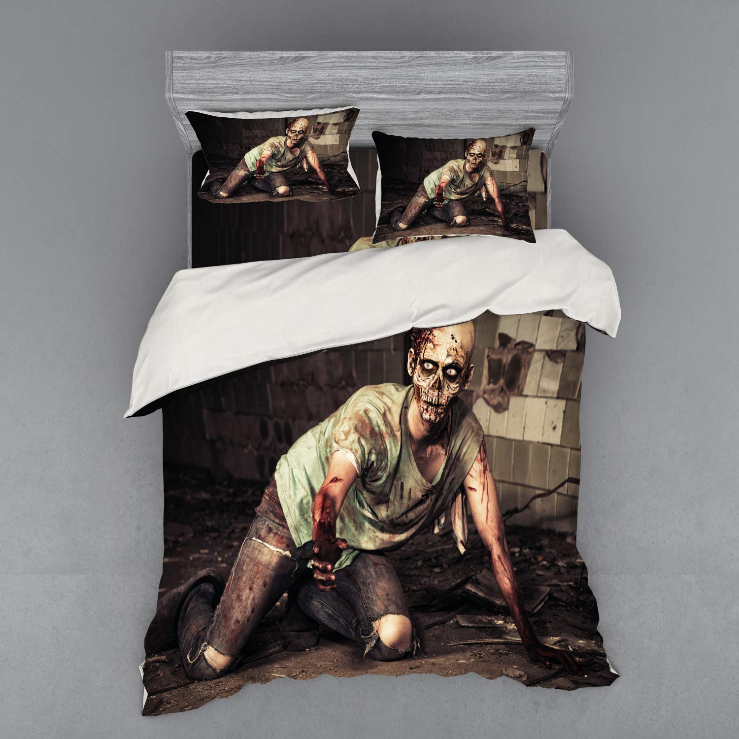 Ambesonne Zombie Bedding Set - Halloween Scary Dead Man in Old Building Horror Theme Duvet Cover with Bloody Head Design, 4-Piece Queen Size Set Includes Shams & Fitted Sheet (Grey Mint Peach) - Perfect for Halloween Decor, Horror Themed Bedrooms & Spooky Gift Ideas