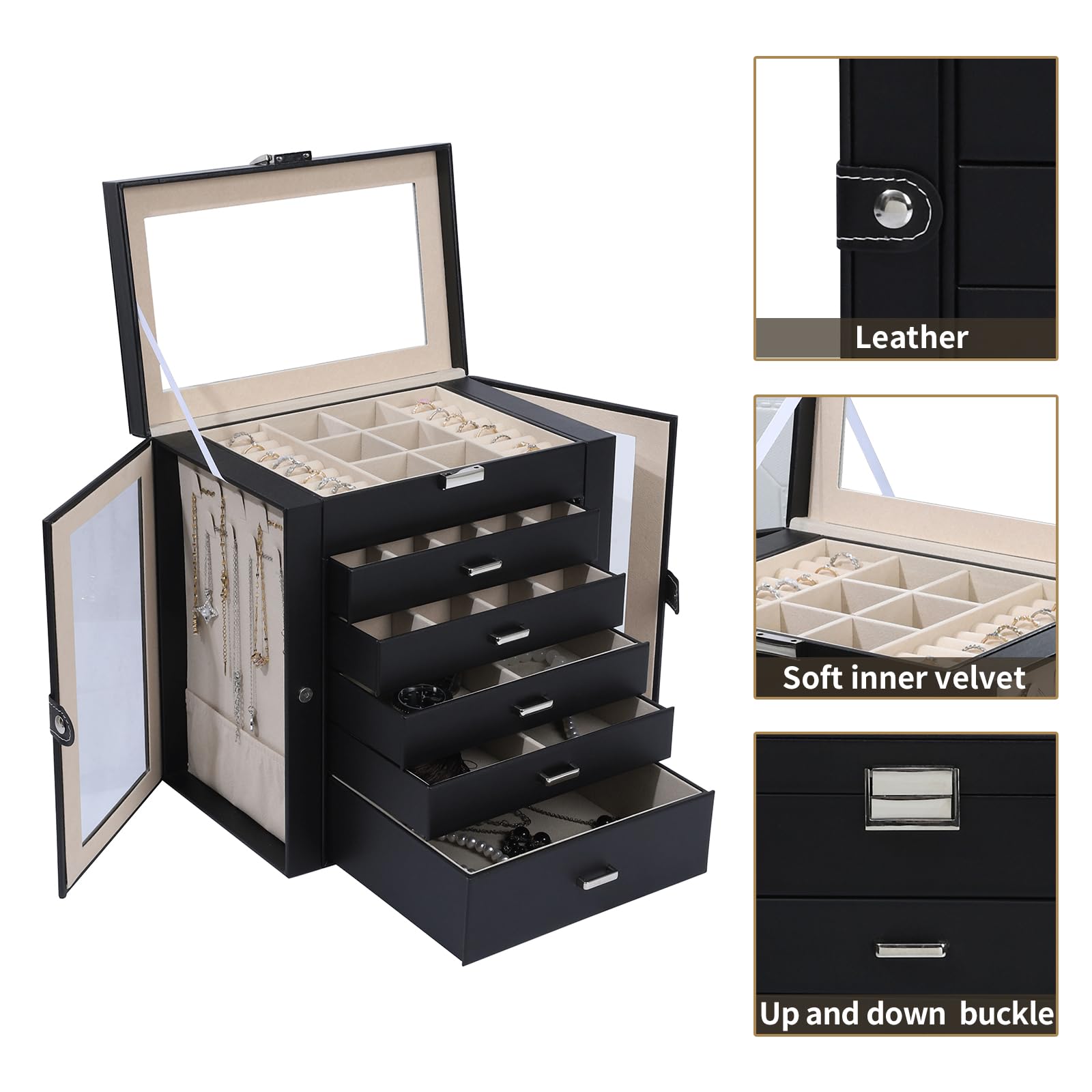 BOOVO 6-Layer Large Jewelry Organizer Box with Mirror & Lock - Multi-Function Storage Case for Women - 5 Drawers Accessory Holder for Earrings, Necklaces, Rings & Bracelets (Clear Black) - Perfect for Bedroom, Vanity & Travel Organization