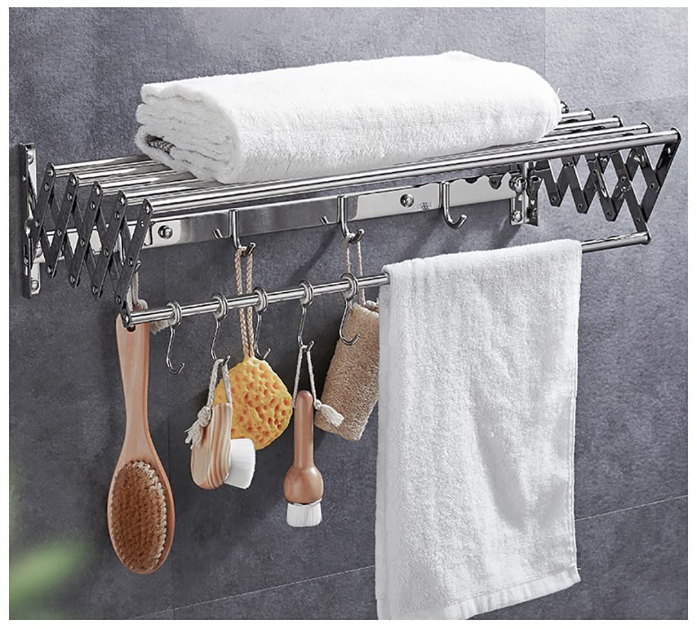 Wall-Mounted Accordion Folding Clothes Drying Rack - Silver 80cm Portable Laundry Dryer with Built-in Hooks for Towels & Clothes - Space Saving Solution for Bathroom, Kitchen & Small Apartments