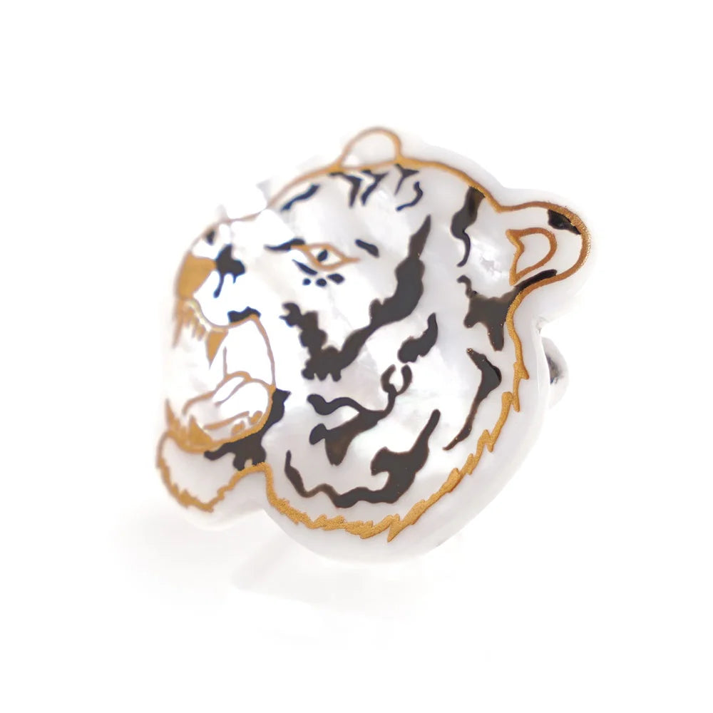 Handmade Maki-e Urushi Lacquer Brooch with White South Sea Pearl Shell & Tiger Design - Traditional Japanese Lacquer Jewelry for Women, Gift for Pearl Lovers, Perfect for Weddings & Special Occasions