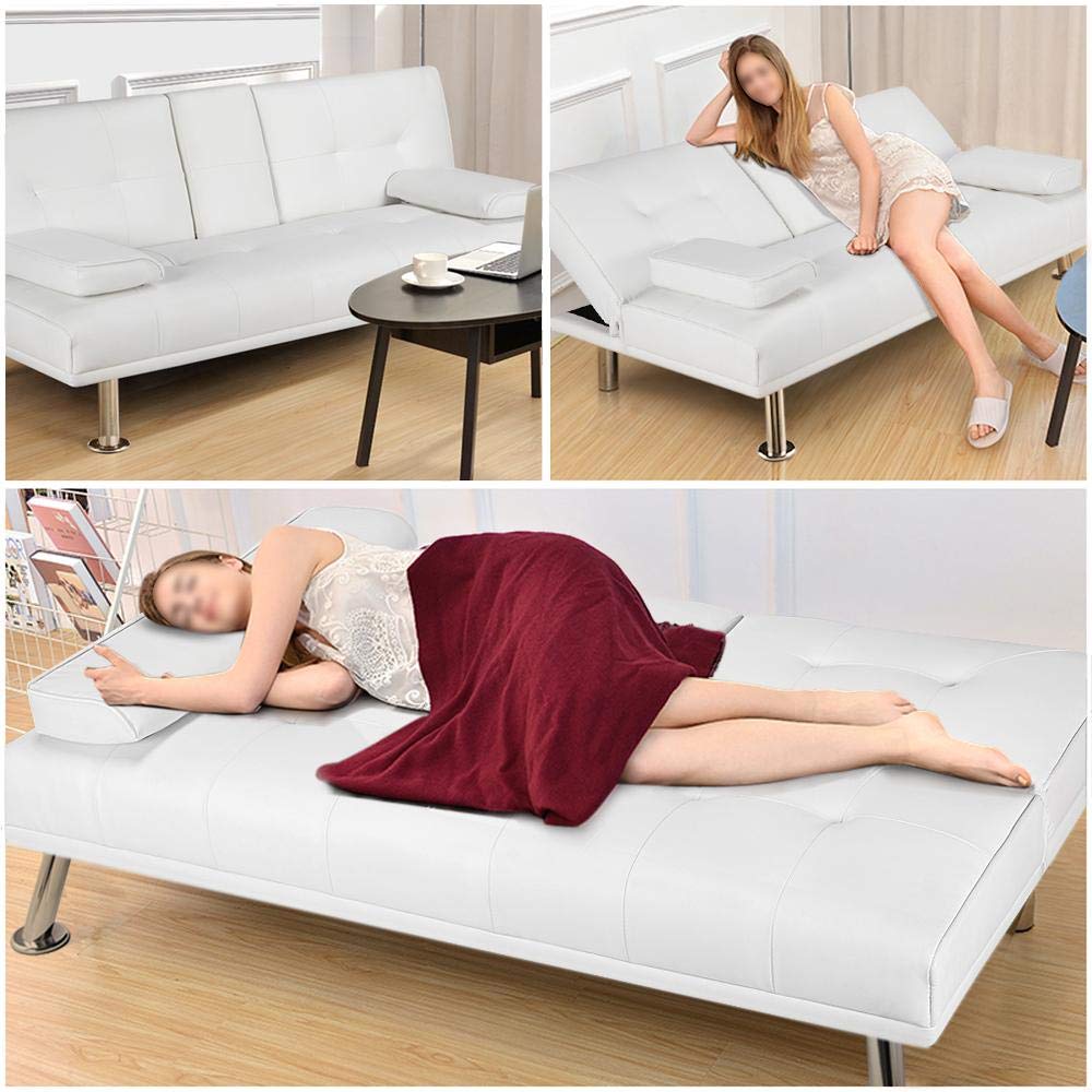 Topeakmart Adjustable Faux Leather Sofa Bed - Modern Convertible Futon Couch with Armrest & Recliner - White Home Furniture for Living Room, Guest Room & Small Spaces
