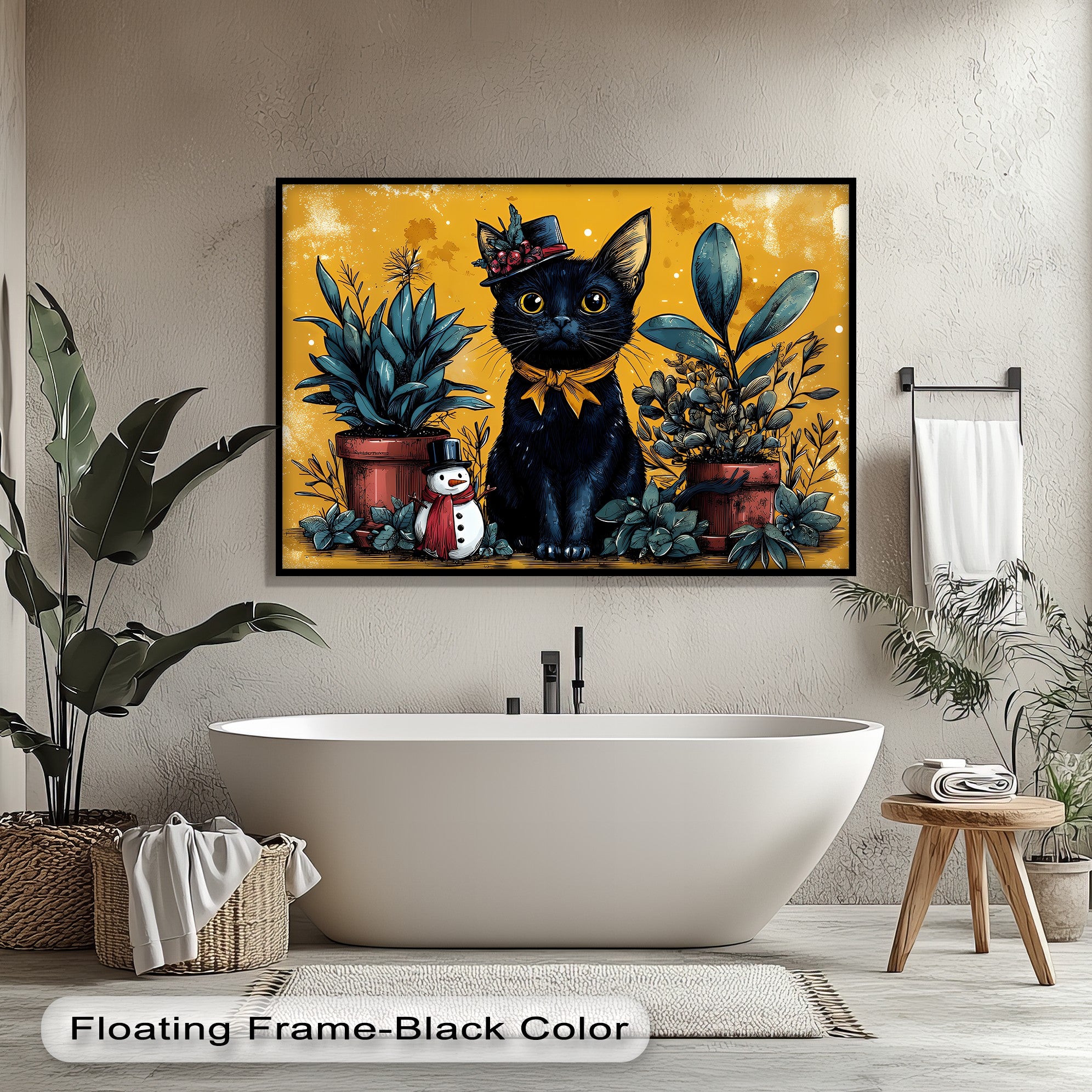 Black Cat with Holiday Hat and Yellow Ribbon - Festive Cat Canvas Print Wall Art for Christmas Home Decor, Living Room, Bedroom & Office
