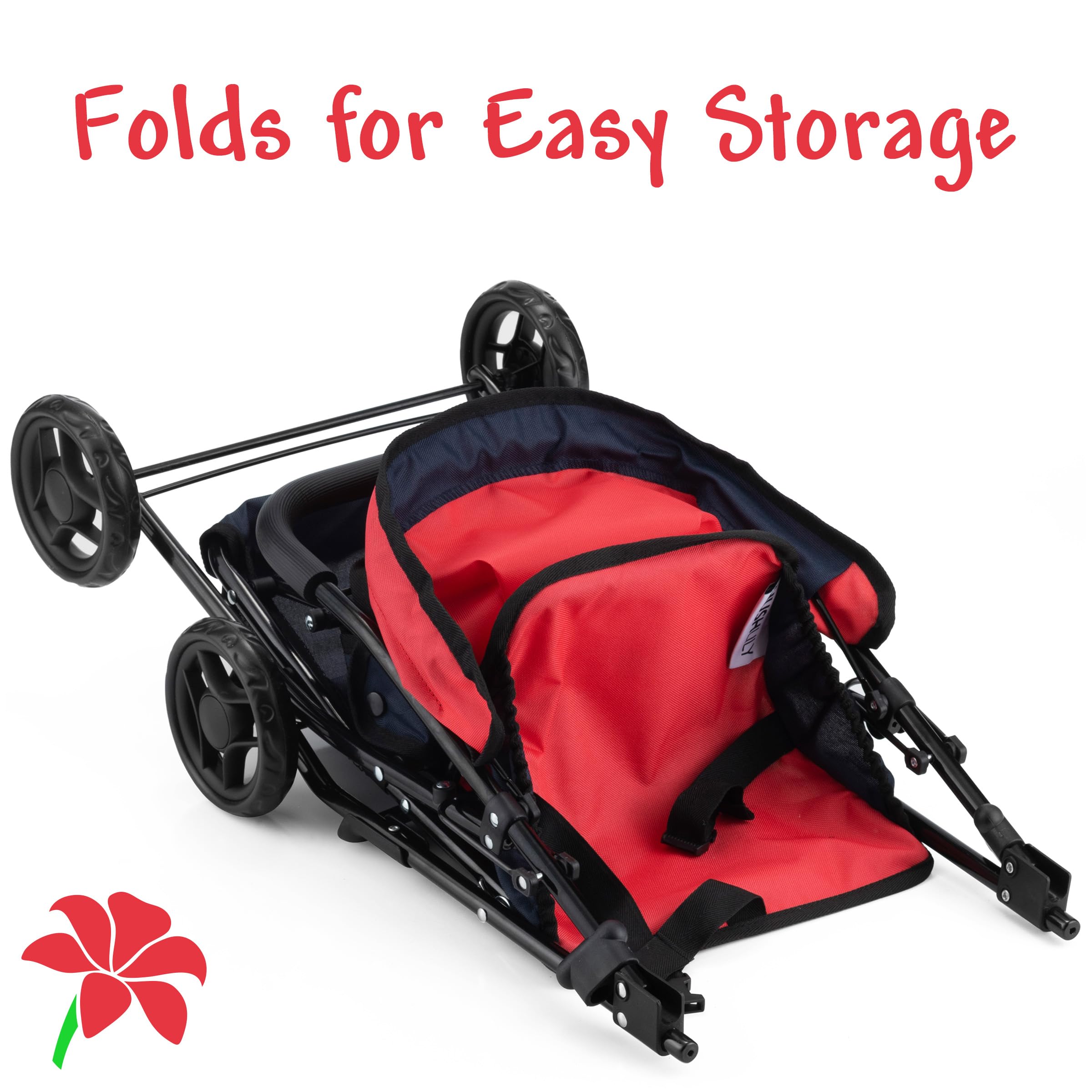 Hushlily® Tandem Double Doll Stroller for Kids - Adjustable Canopy & Storage Basket, Foldable Design with Smooth Rolling Wheels - Perfect for Indoor Play, Outdoor Walks & Doll Care Pretend Play (Red & Blue)