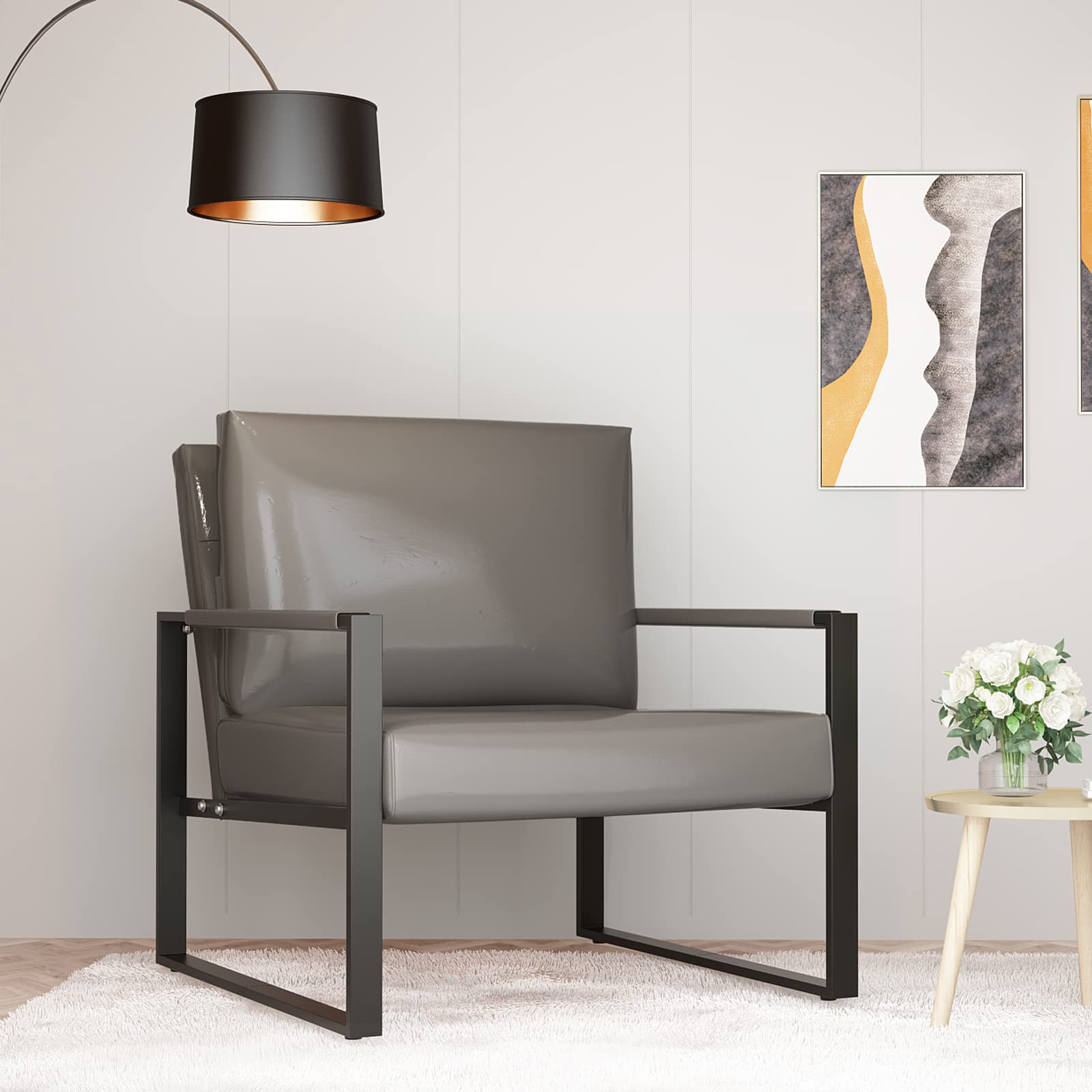 Recaceik Mid-Century Modern PU Leather Accent Chair - Extra Large Ergonomic Cushion, Sturdy Metal Frame with Anti-Scratch Foot Pads - Perfect Living Room Armchair for Relaxation & Home Decor