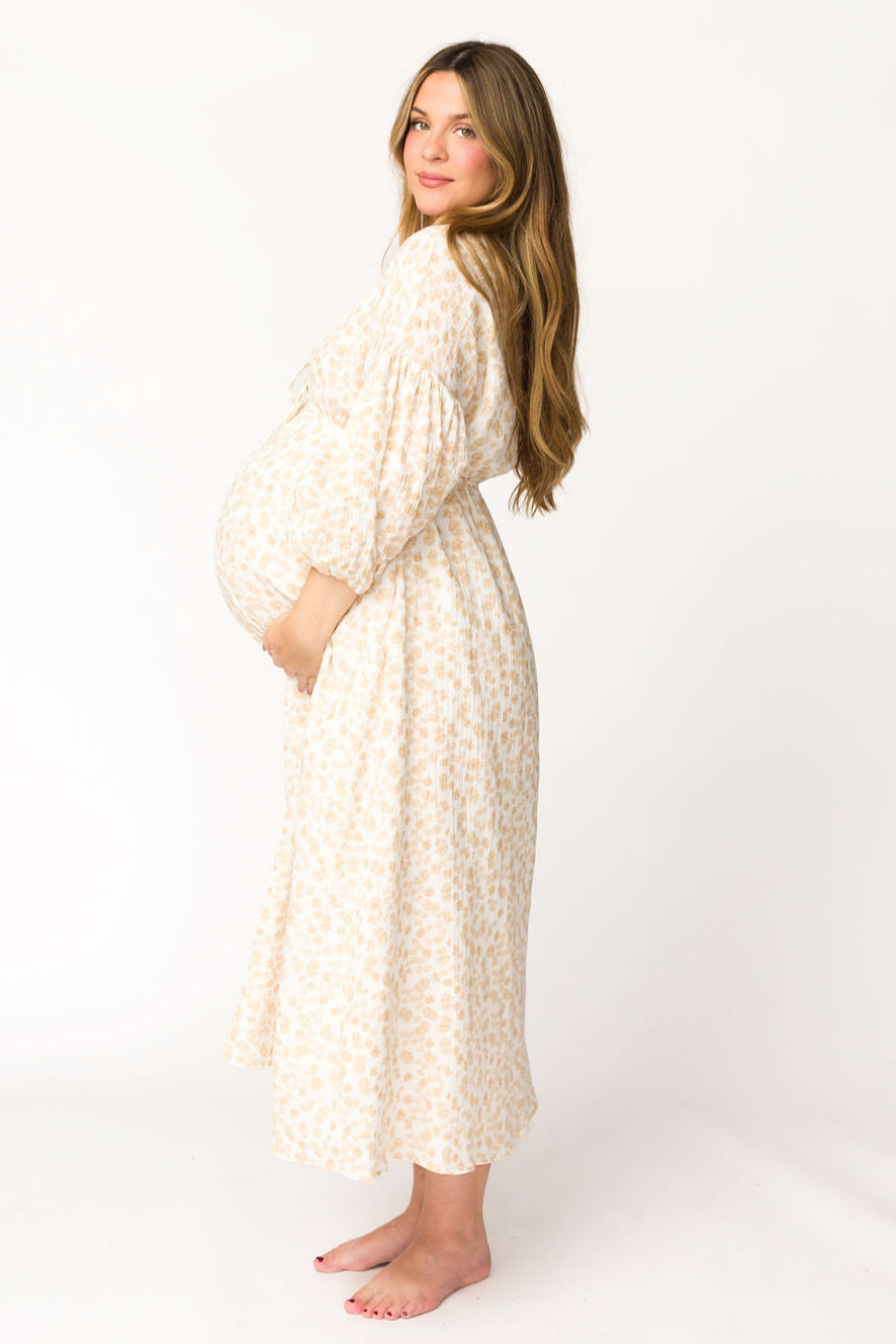 Hunter 100% Cotton Gauze Midi Dress - Natural/Fawn Floral Print | Bump Friendly Maternity Dress | Perfect for Summer, Beach & Pregnancy Photoshoots