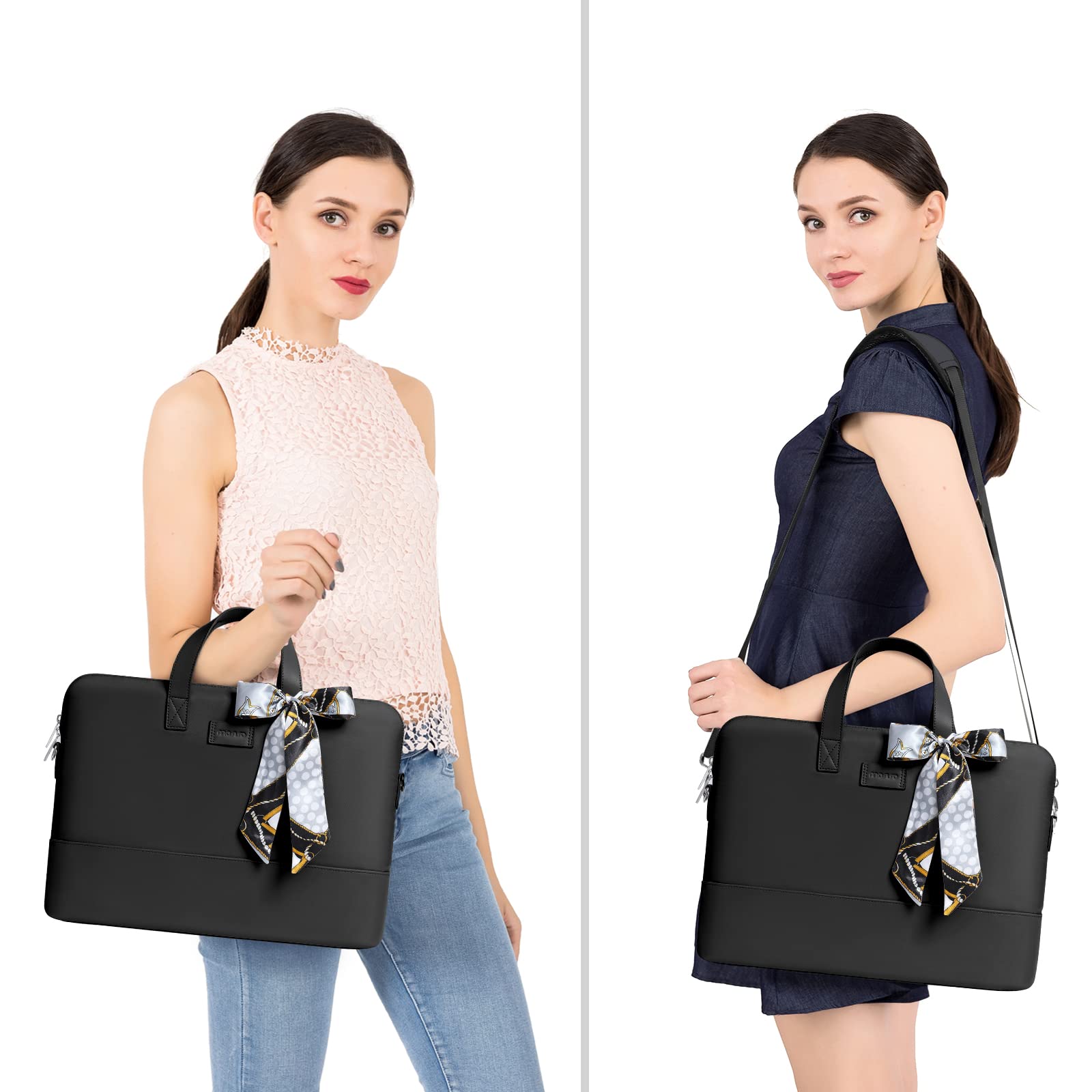 MOSISO 15.6 Inch Laptop Bag for Women - Stylish Computer Briefcase Compatible with MacBook Pro 16 Inch, HP, Dell, Lenovo, Asus, Razer Notebook, Includes Shoulder Strap & Silk Scarf, Black - Perfect for Work, Travel, and Everyday Use