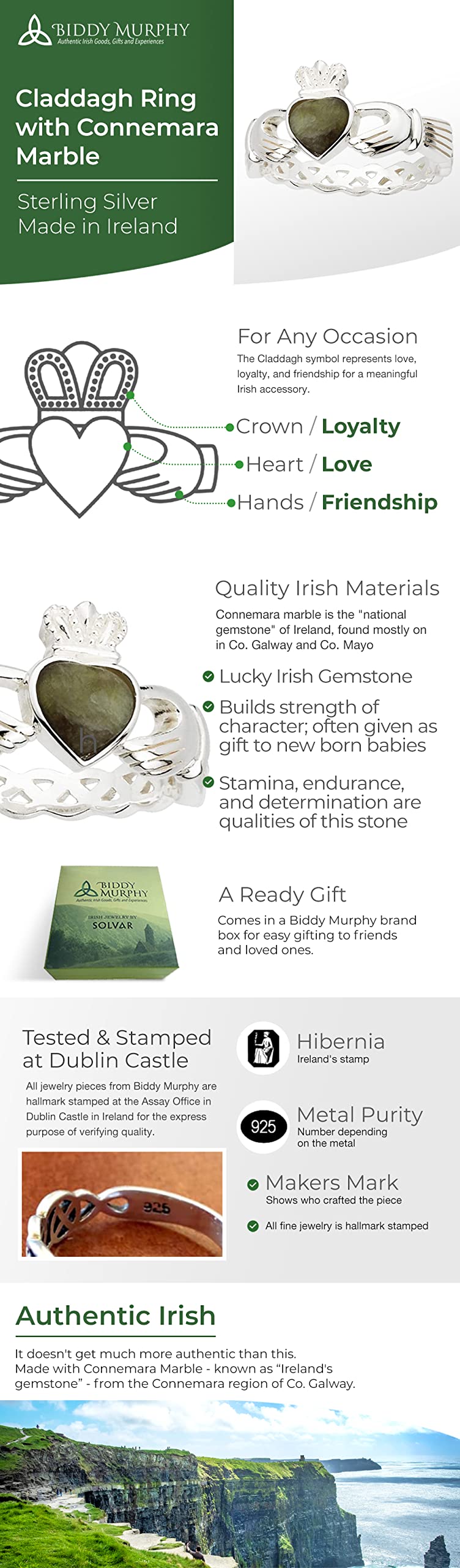 Irish Claddagh Rings for Women - Green Gemstone & Cubic Zirconia Wishbone Band, Handcrafted in Dublin by Solvar | Perfect for St. Patrick's Day, Weddings & Irish Heritage Gifts