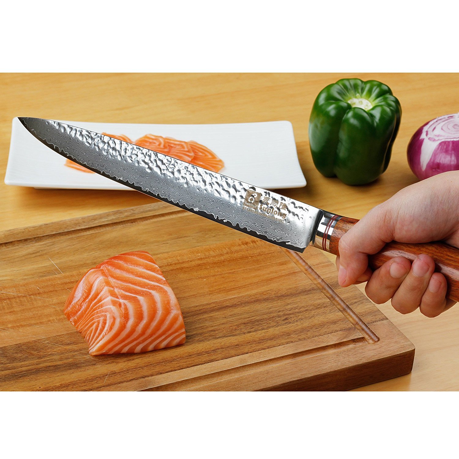 Premium 10 Inch Japanese Damascus Steel Carving Knife - Hammered Blade with Natural Bloodwood Handle - Professional Slicing Knife for BBQ, Roast Beef, Turkey & Holiday Meals - Ideal for Chefs & Home Cooks