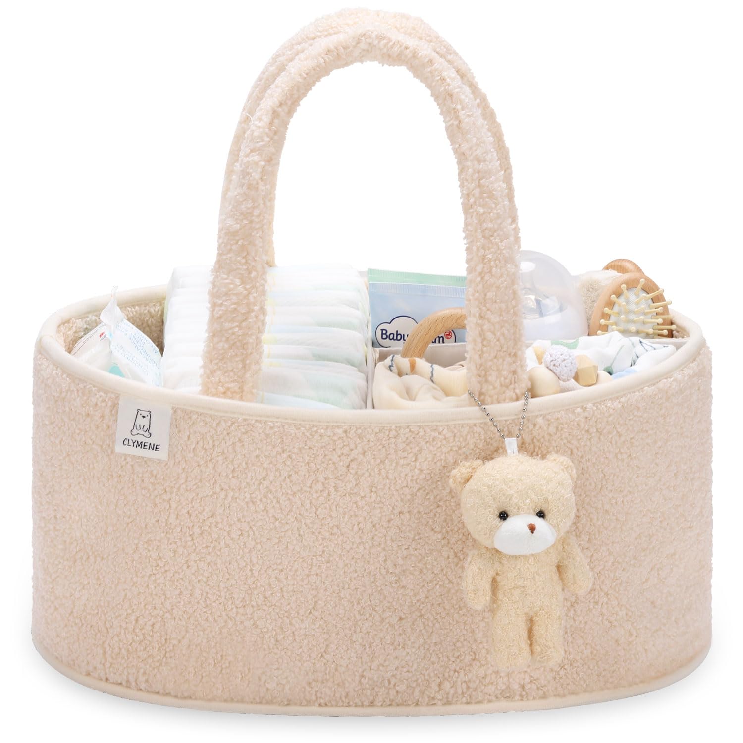 CLYMENE Baby Diaper Caddy Organizer - Portable Nursery Storage Basket for Diapers, Wipes & Baby Essentials | Newborn Changing Table Organizer | Perfect Baby Shower Gift & Registry Item | Travel Diaper Tote Bag for Car & Home Use - Ivory