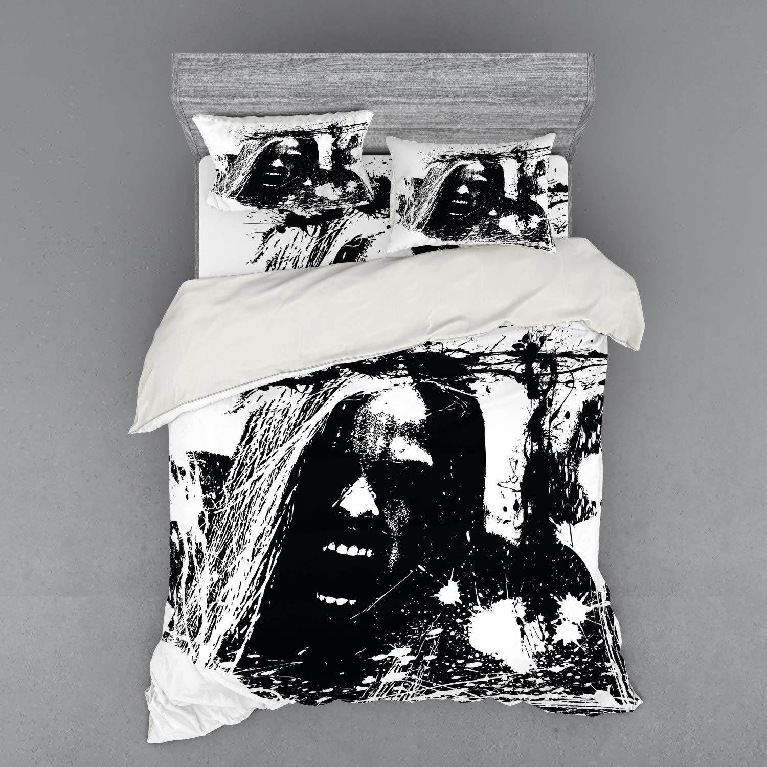 Ambesonne Zombie Bedding Set - 4 Piece Duvet Cover Set with Shams & Fitted Sheet, Queen Size Black White Horror Sketch Design | Gothic Decor for Halloween, Horror Movie Nights & Themed Bedrooms