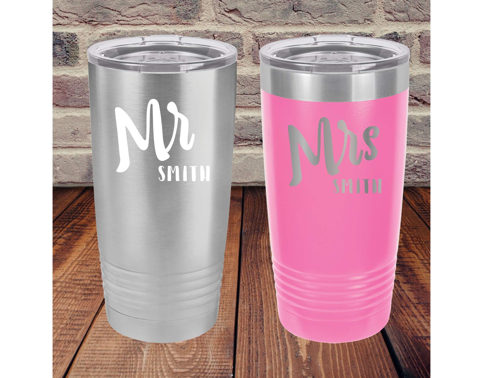 Personalized Mr & Mrs 20oz Insulated Stainless Steel Tumbler Set - Powder Coated Couple Coffee Mugs for Anniversary, Wedding Gift & Romantic Date Nights