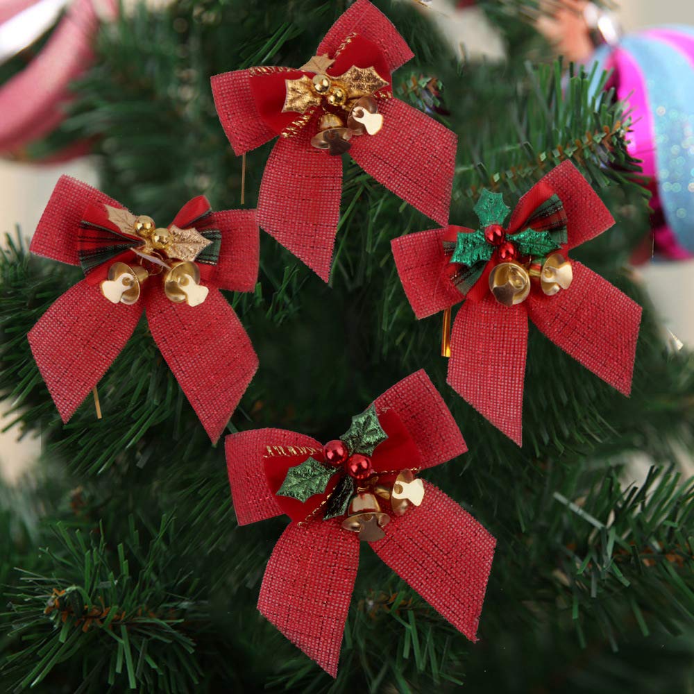 8-Piece Christmas Tree Bows Set - Golden Leaf Ribbon Bows for Xmas Tree Decorations, Holiday Wreaths & Gift Wrapping - Elegant Festive Ornaments for Home & Party Decor