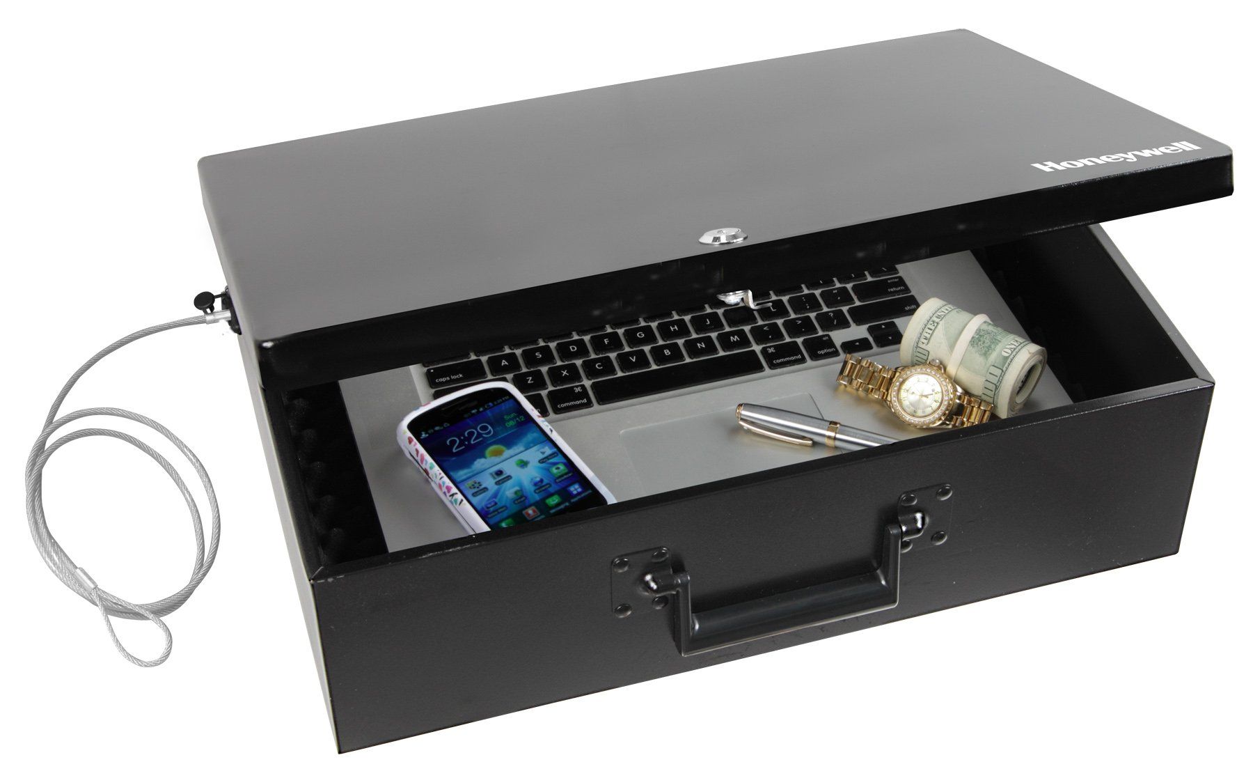 Honeywell 6109 Large Key Locking Fireproof Security Box - Fire Resistant Steel Safe with Handle for Home, Office & Travel - Protect Documents, Cash & Valuables from Fire & Theft