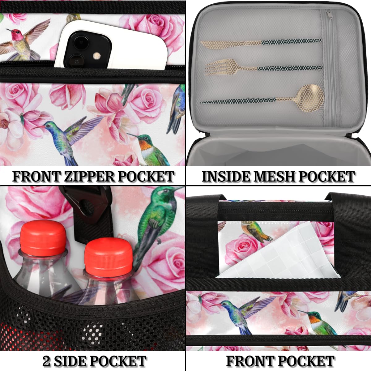 Insulated Lunch Bag with Adjustable Shoulder Strap - Leakproof Reusable Cooler Tote for Women & Men | Hummingbird Floral Design | Large Freezable Lunch Box for Work, Picnic, Beach & Outdoor Activities