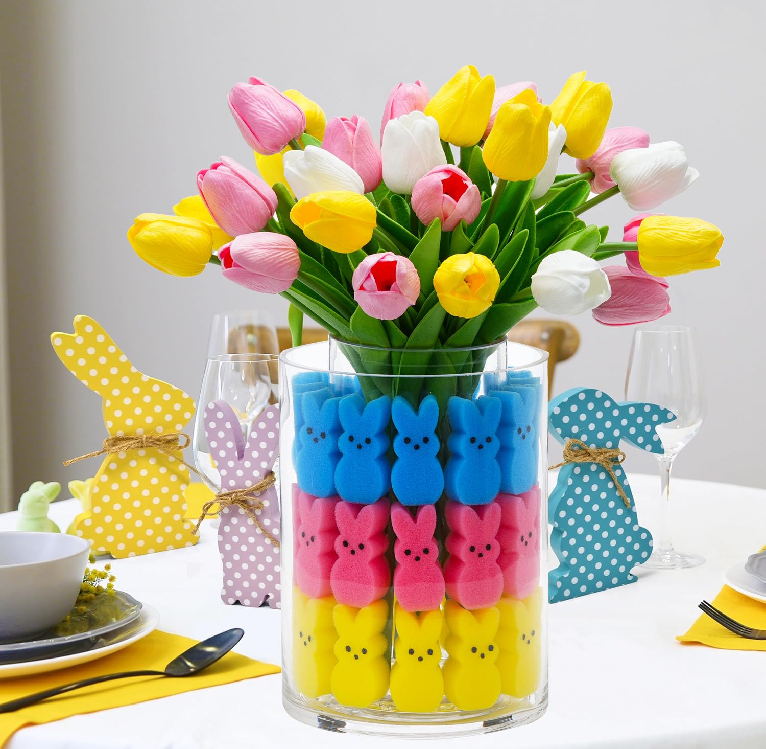 Easter Bunny Table Decorations Set - Artificial Tulips with Bunnies Vase Filler, Spring Rabbit Centerpiece for Home & Party Decor (Vase Not Included) - Perfect for Easter Celebrations, Spring Weddings & Holiday Table Settings