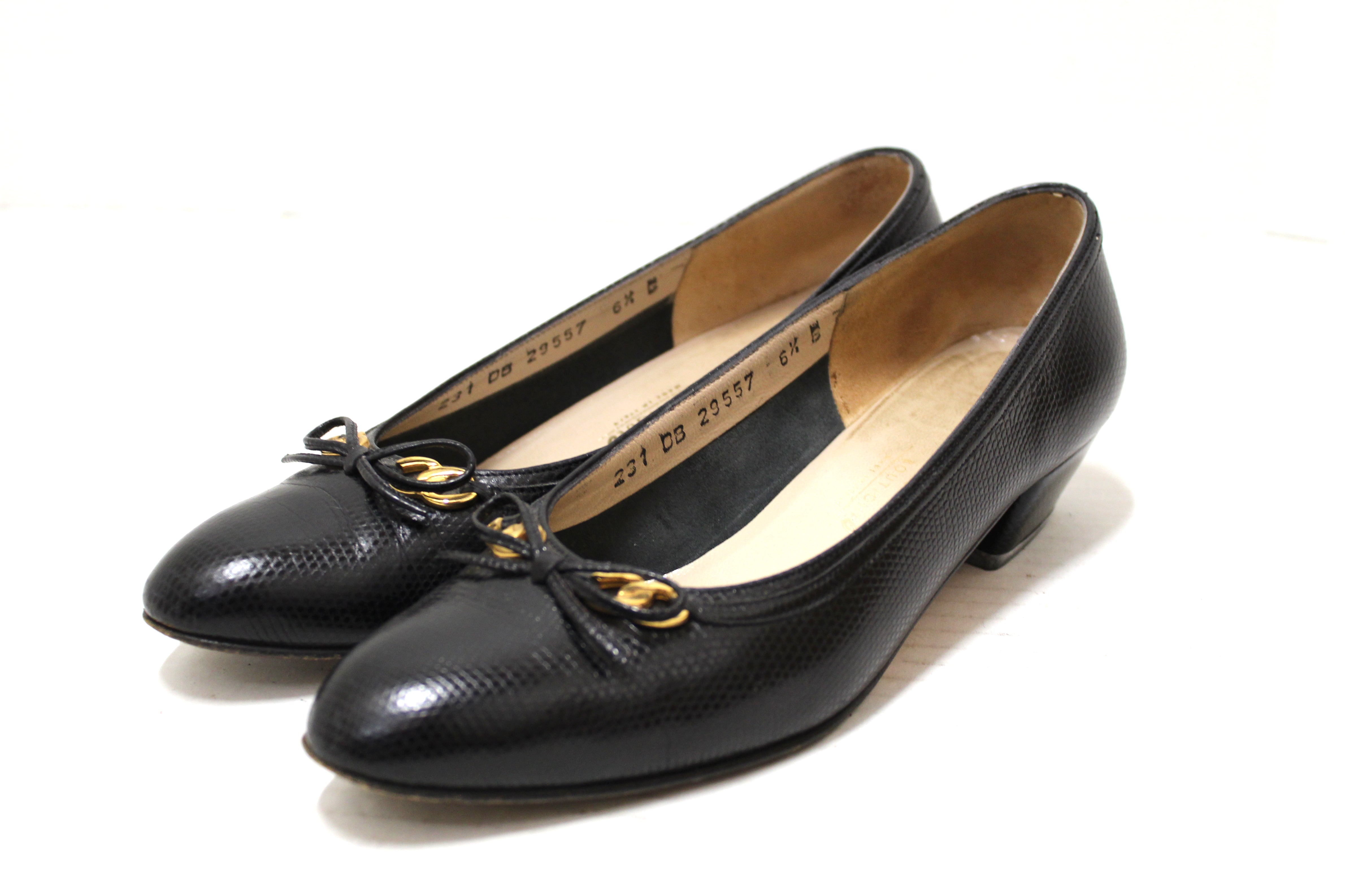 Authentic Salvatore Ferragamo Black Snakeskin Embossed Leather Pumps Women's Size 6.5 - Elegant High Heels for Work, Party & Special Occasions