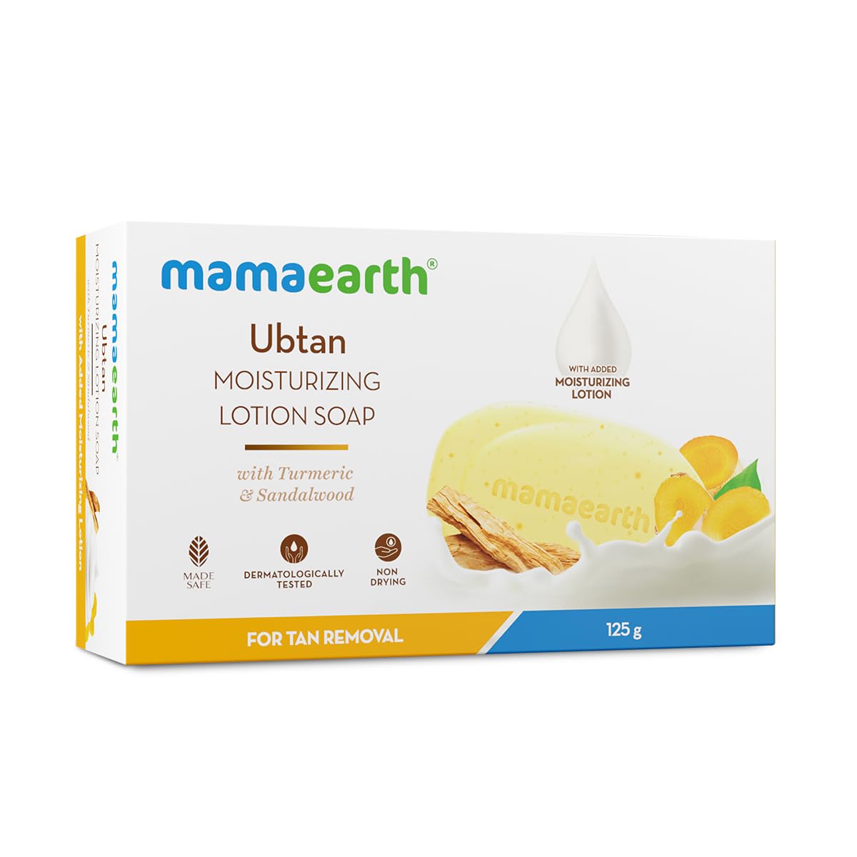 Mamaearth Ubtan Moisturizing Lotion Soap with Turmeric & Sandalwood - 125g | Tan Removal | Exfoliating & Deep Cleansing | Nourishes Dry Skin | Non-Drying | 76% TFM Grade 1 | Perfect for Daily Skincare & Travel