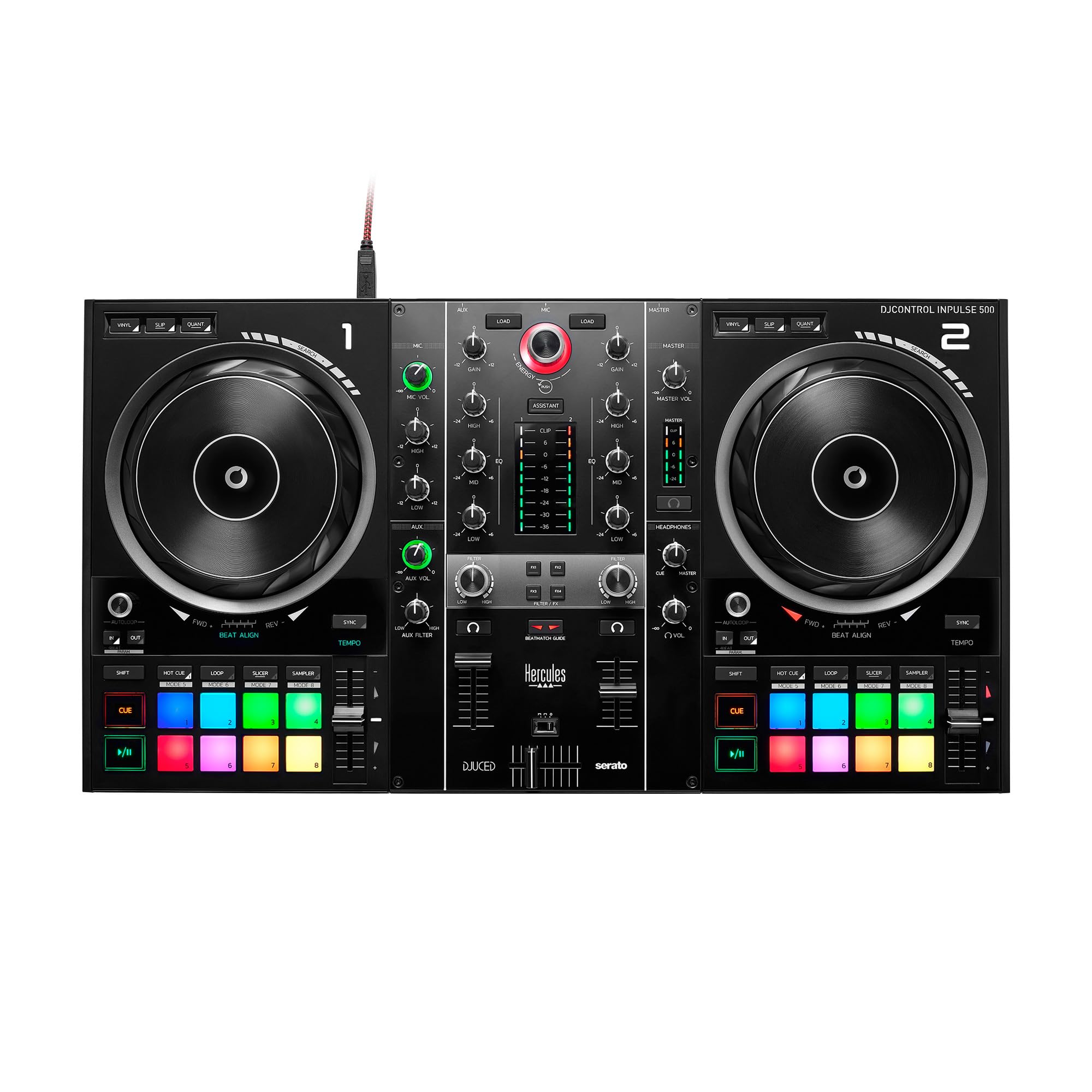Hercules DJ Control Inpulse 500 DJ Controller Bundle with Laptop Stand, Professional Headphones & Cleaning Cloth - Complete DJ Starter Kit for Home Studio, Parties & Live Performances