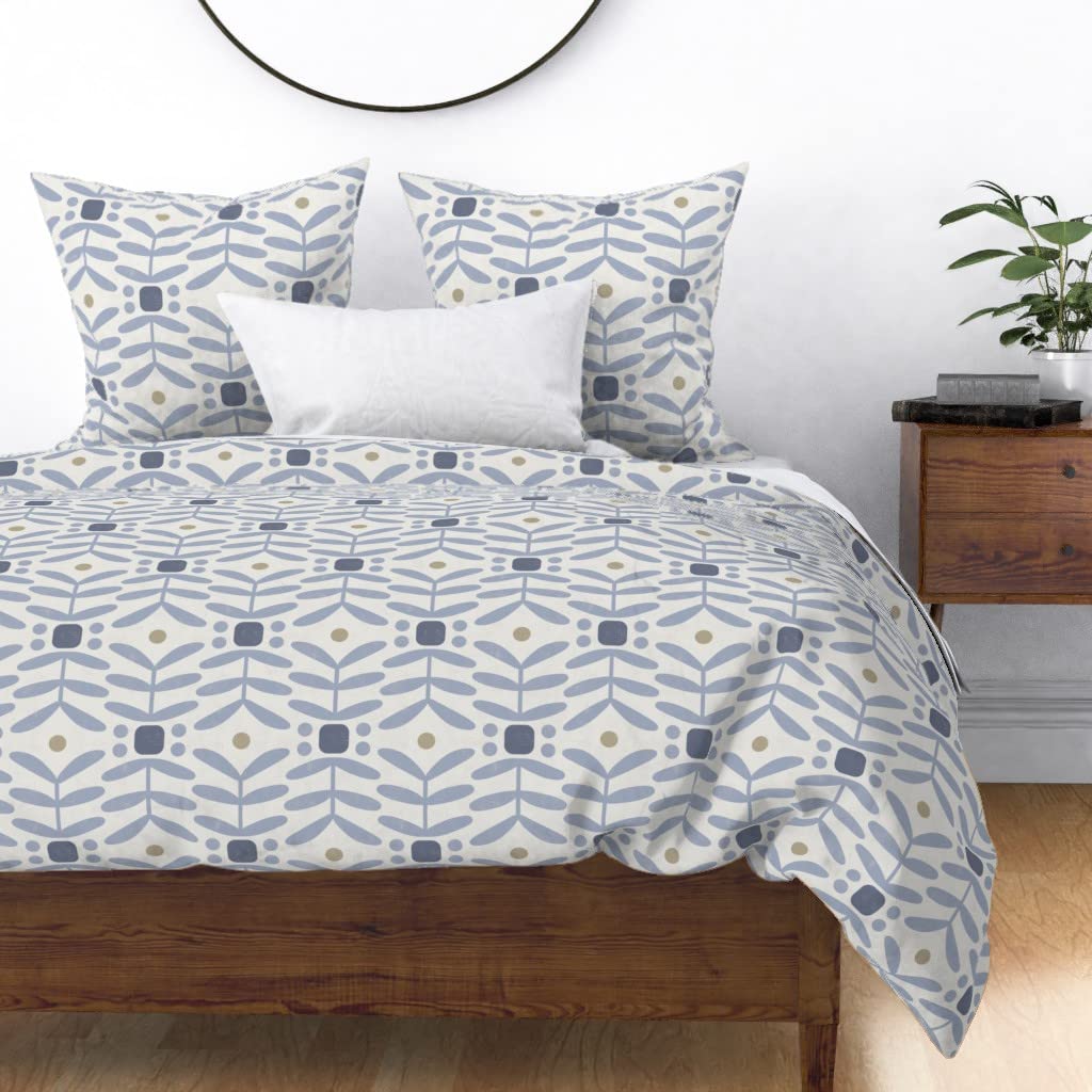 Custom Botanical Diamonds Geometric Duvet Cover King/California King - Blue Denim Stripe Cotton Sateen Bedding Set for Modern & Boho Bedrooms