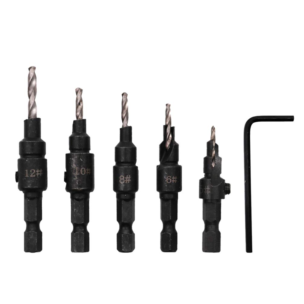 5-Piece Countersunk Head Drill Bit Set - Hex Shank Wood Hole Reamer & Countersink Drill Bits for Woodworking, DIY Projects, and Furniture Assembly
