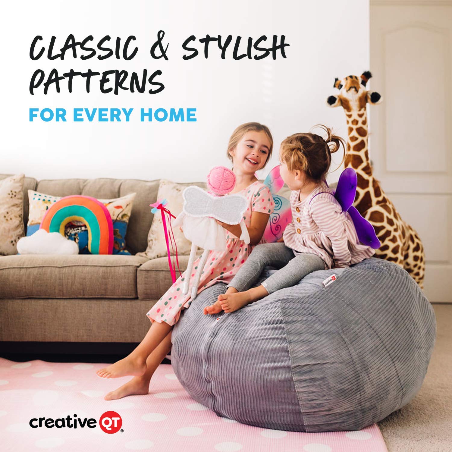 Creative QT Stuff 'n Sit Large 33'' Stuffed Animal Storage Bean Bag Cover - Giant Plush Toy Organizer for Kids' Bedroom, Toddler Playroom & Nursery Decor - Purple Unicorn Design for Fun Playtime & Cozy Reading Nook