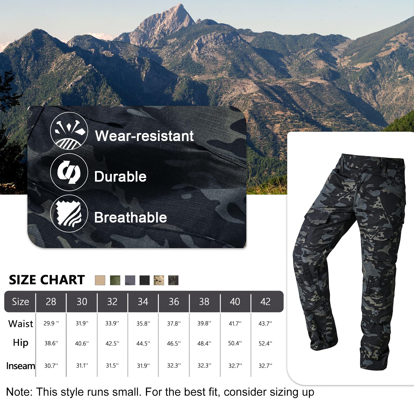 **Men's Tactical Cargo Pants - Camo Ripstop Outdoor Hiking Work Pants with Multi-Pockets (No Belt, No Kneepad) - Perfect for Hunting, Camping & Military Use**