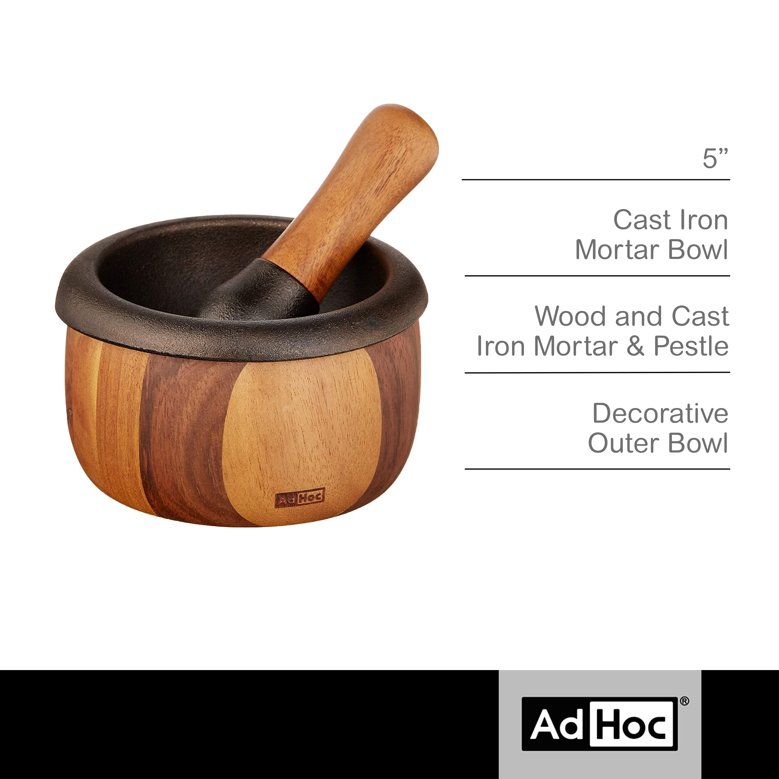 Premium Acacia Wood & Cast Iron Mortar and Pestle Set - Handcrafted Herb Grinder for Spices, Garlic, Peppercorns - Rustic Kitchen Tool for Grinding, Crushing & Mixing - Perfect for Home Cooking, Baking & Herbal Remedies