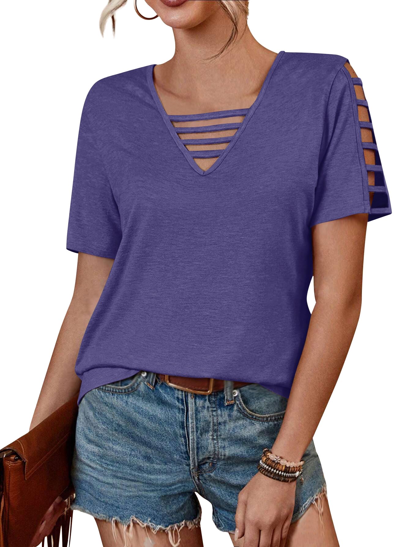 Women's Loose Fit V-Neck Hollow Out Short Sleeve T-Shirt - Summer Casual Basic Top for Beach Vacation 2025 | Perfect for Travel, Outing and Daily Wear