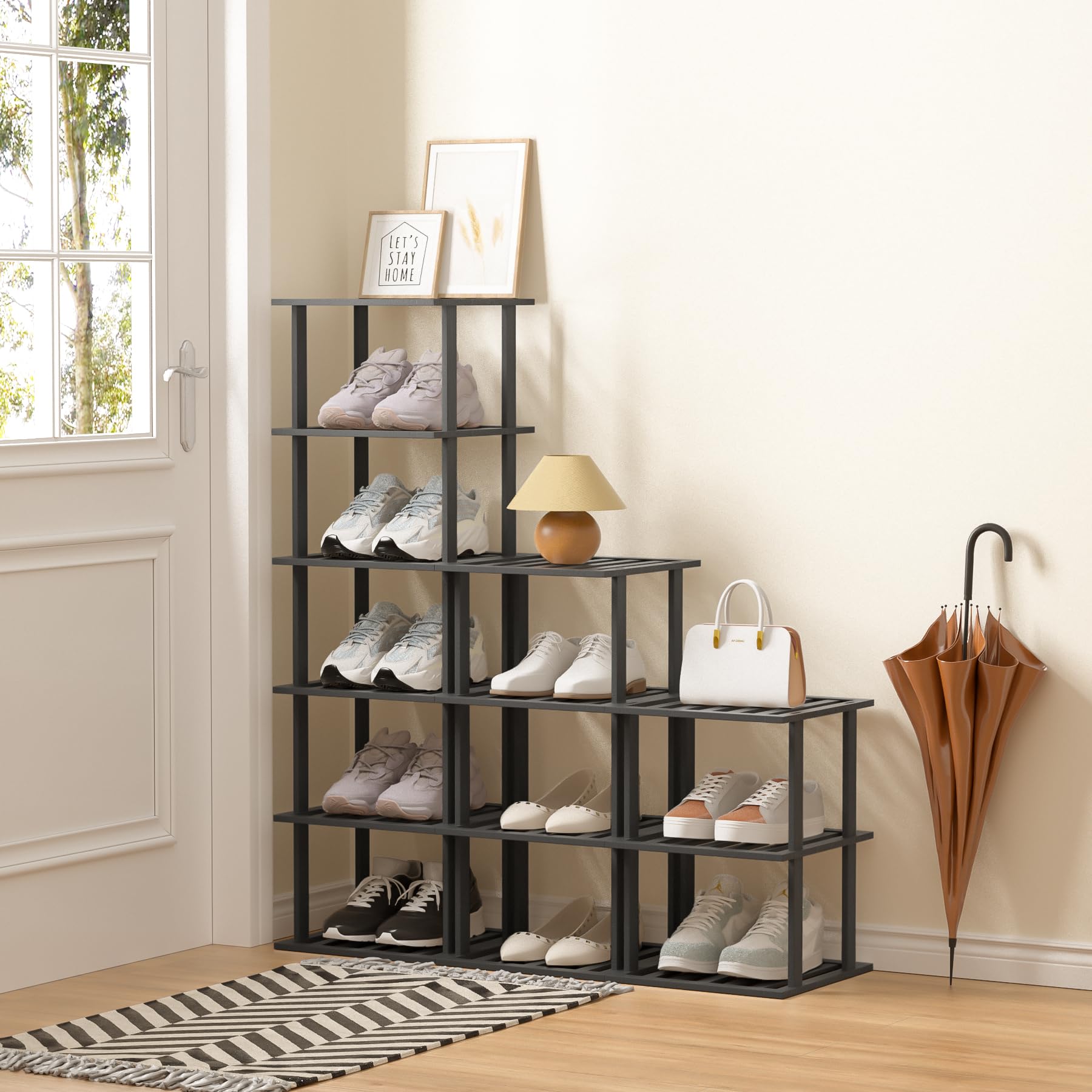 6-Tier Bamboo Shoe Rack for Small Spaces - Vertical Narrow Stackable Shoe Organizer for Closet & Entryway Storage - Black Shoe Stand for Home, Apartment & Dorm Organization