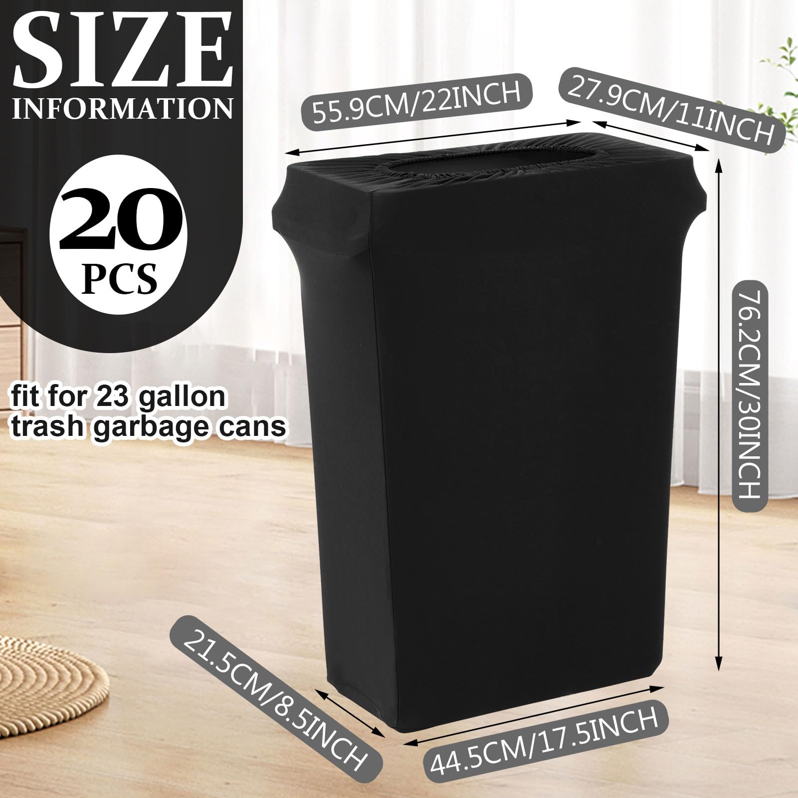 Windyun 20-Pack 23 Gallon Stretchable Spandex Trash Can Covers - Black Elastic Garbage Bin Liners for Weddings, Parties, Fundraisers & Home Decor | Fits Standard Kitchen & Outdoor Trash Cans (Cans Not Included)