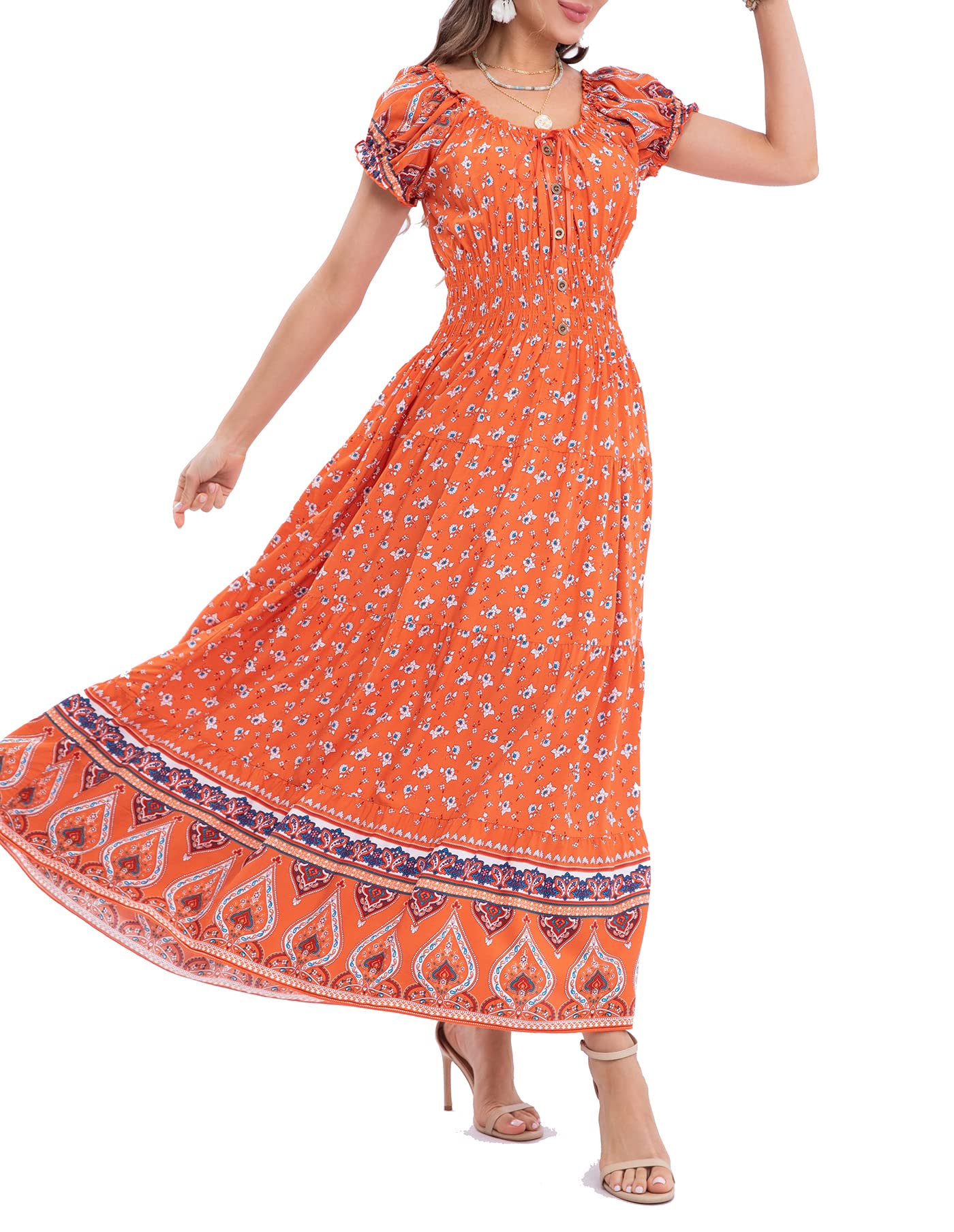 OSTOO Women's 2025 Summer Floral Maxi Dress - Boho Tiered Long Dress with Short Sleeves, Casual Flowy Beach Dress for Vacation, Party & Everyday Wear