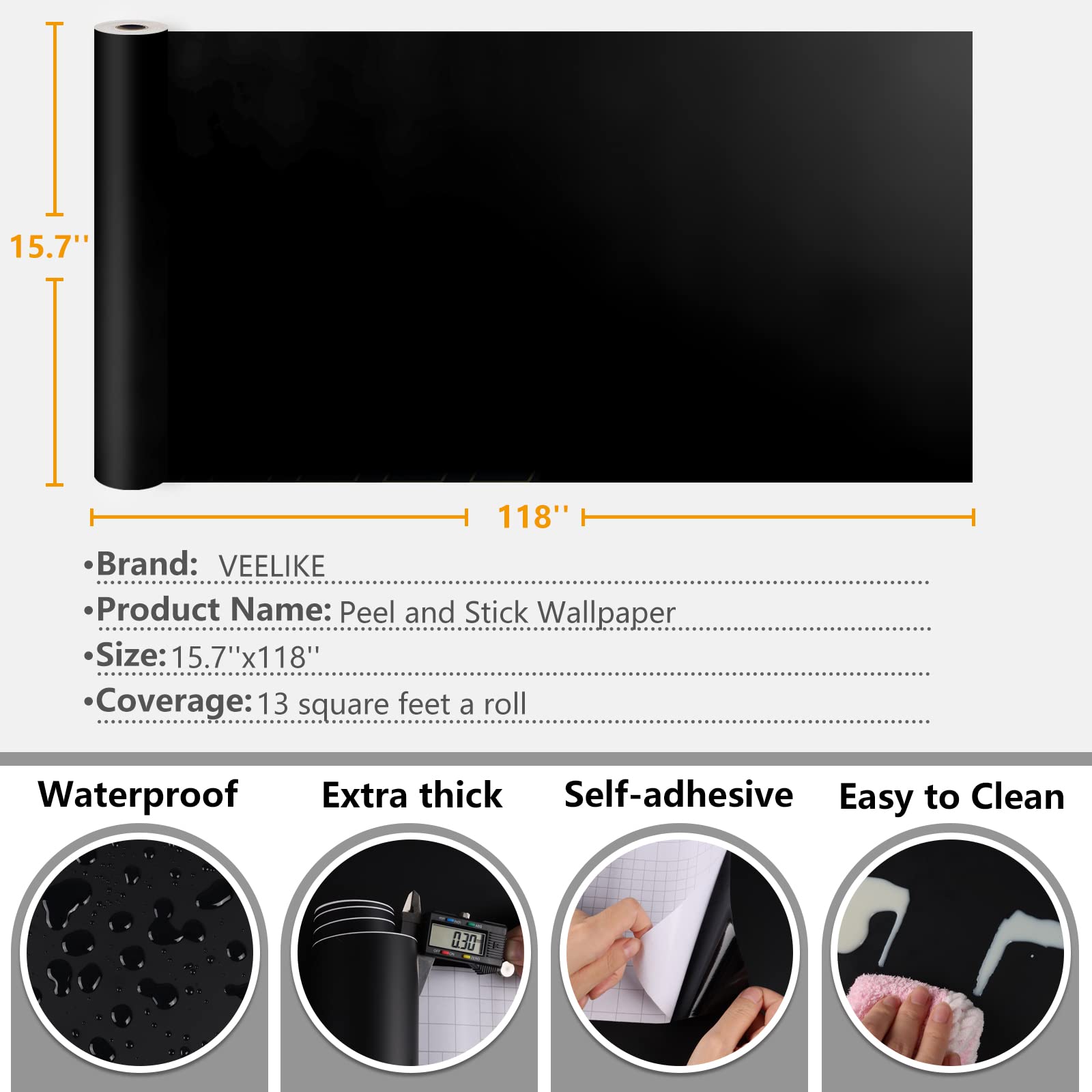 VEELIKE 15.7''x118'' Matte Black Peel and Stick Wallpaper - Removable Self-Adhesive Vinyl Contact Paper for Walls, Cabinets, Shelves, Furniture & Countertops | Waterproof, Thick & Durable | Perfect for Bedroom, Kitchen, Office & Home Decor