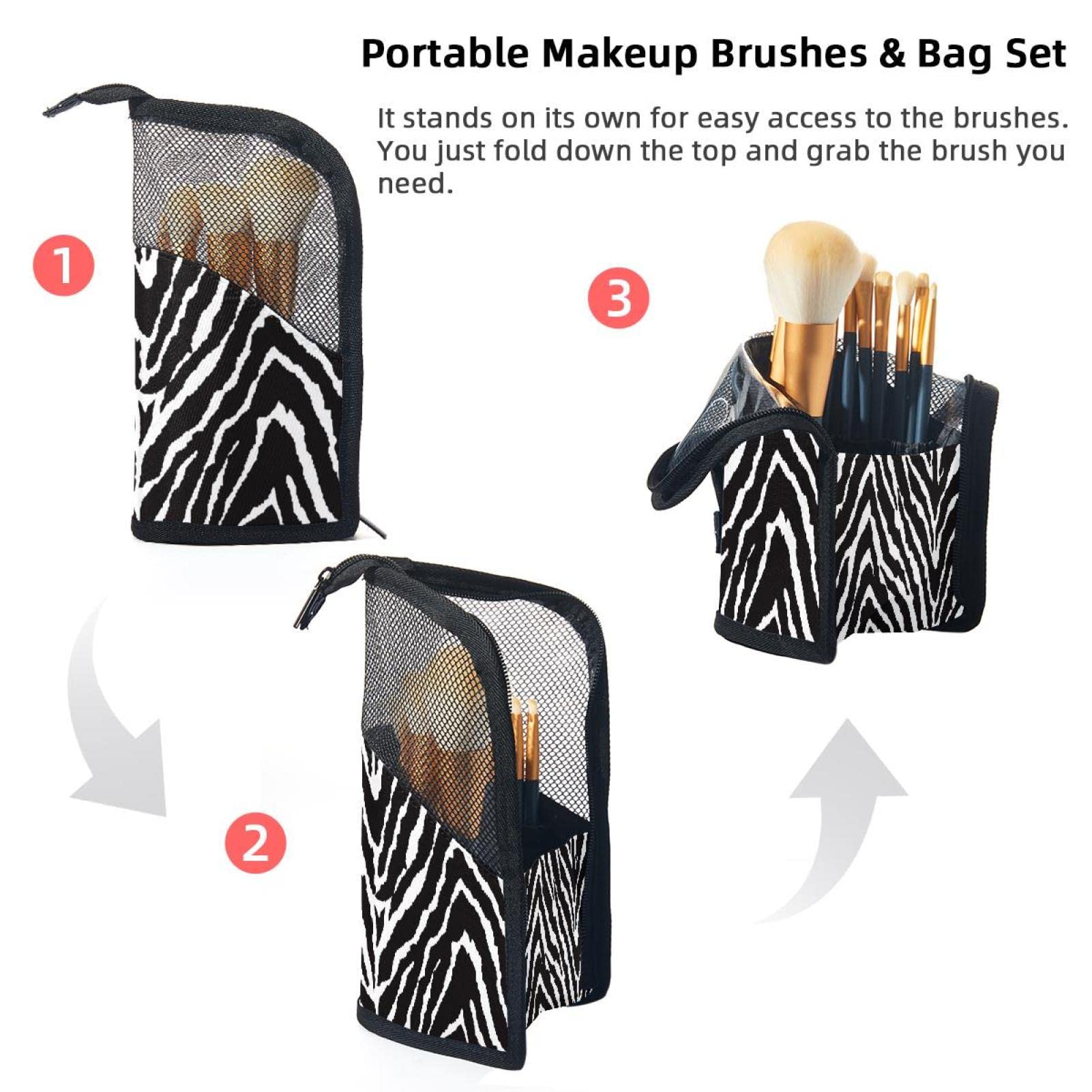 12-Piece Makeup Brush Organizer Bag with Black & White Zebra Print - Portable Brush Holder Case for Travel & Home Storage