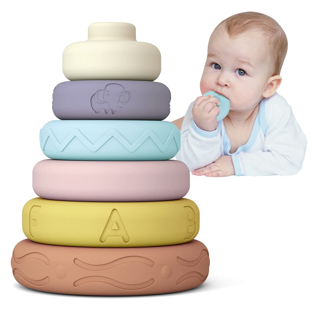6 PCS Baby Stacking & Nesting Toys - Soft Sensory Blocks with Letters, Animals & Shapes | Early Learning Teether Toys for Infants 6+ Months | Perfect for Playtime, Montessori Education & Toddler Development