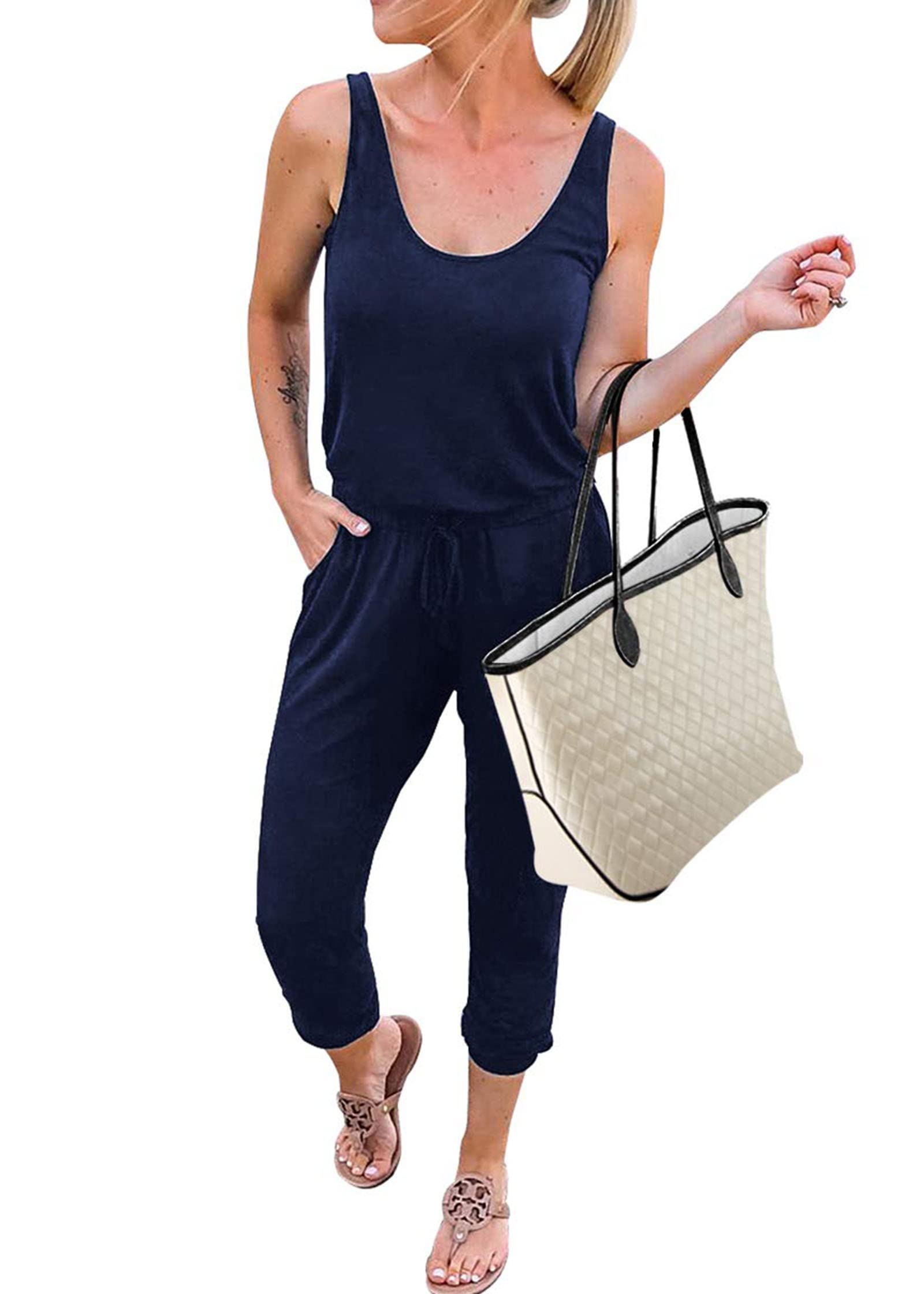 KIRUNDO Women's 2025 Summer Jumpsuit - Sleeveless Casual Romper with Drawstring Elastic Waist & Pockets | Perfect for Beach Vacation, Lounge Wear & Summer Outfits