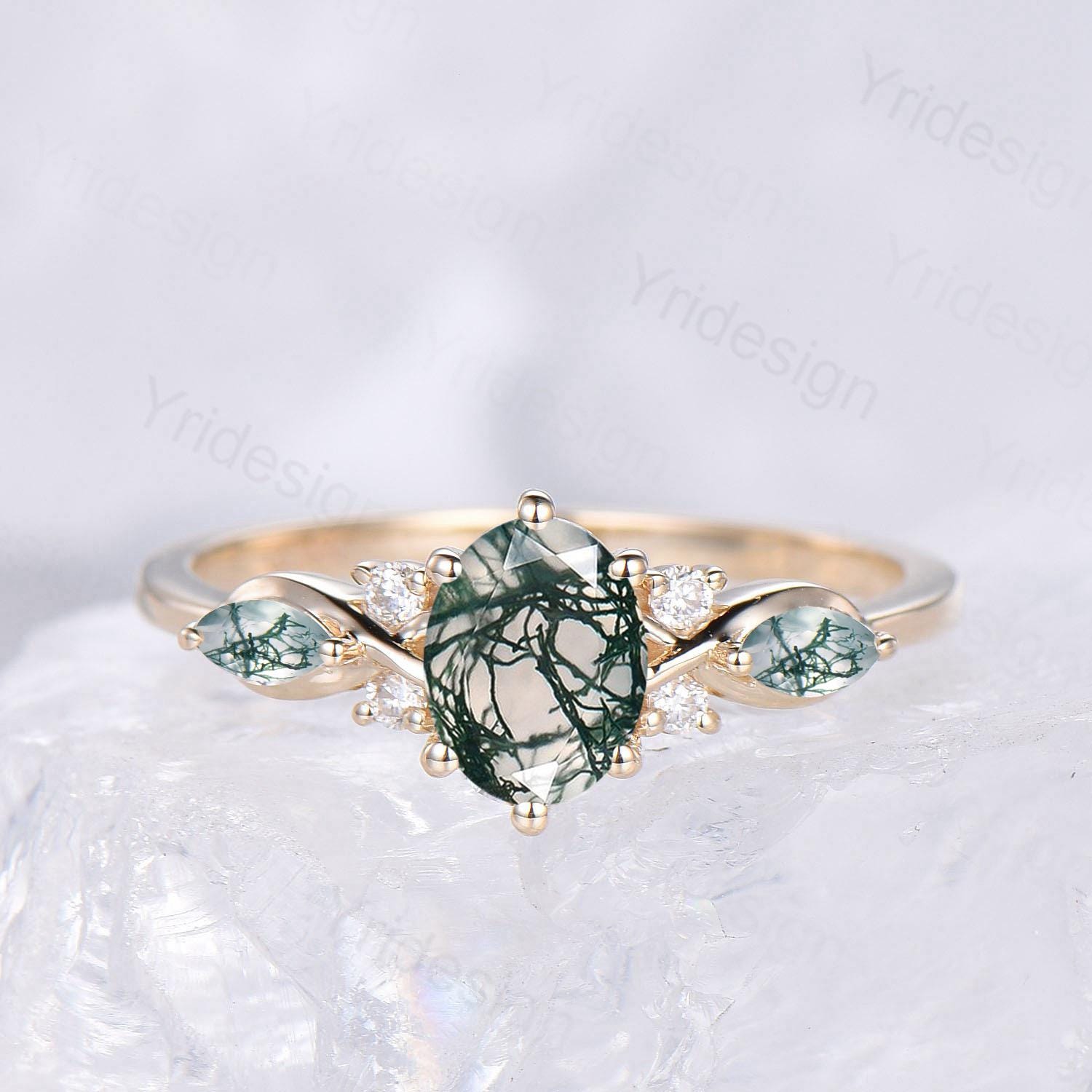 1CT Oval Cut Green Moss Agate Engagement Ring Set - Marquise Natural Green Gemstone Cluster Ring in Sterling Silver & 14K Yellow Gold Bridal Jewelry for Women | Perfect for Proposals, Anniversaries & Special Occasions