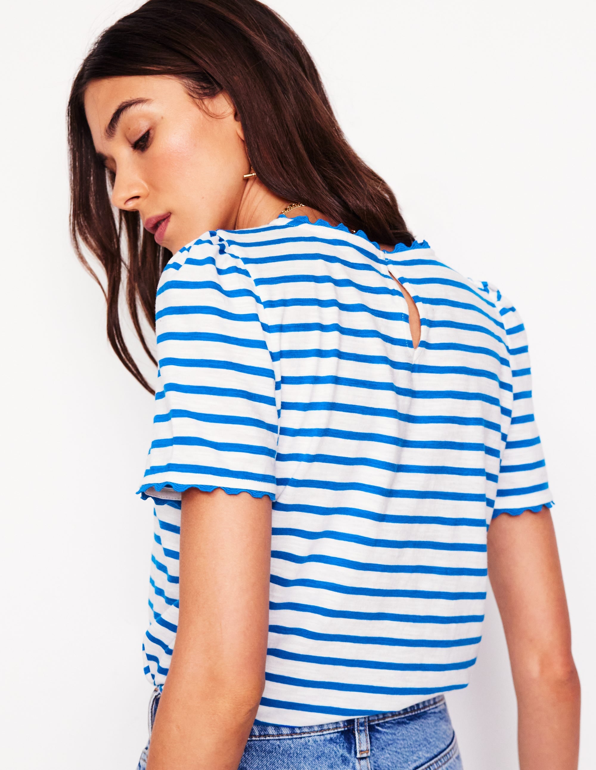 Ali Ricrac T-Shirt for Women - Ivory & Gallery Blue Striped Cotton Top | Casual Wear, Summer Outfits, Beach Vacation Style