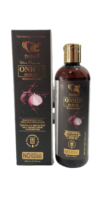 Herbory Onion Hair Oil for Long, Shiny & Strong Hair - 200ml Ayurvedic Anti-Dandruff Treatment | Promotes Hair Growth & Scalp Health | Perfect for Daily Hair Care & Damaged Hair Repair