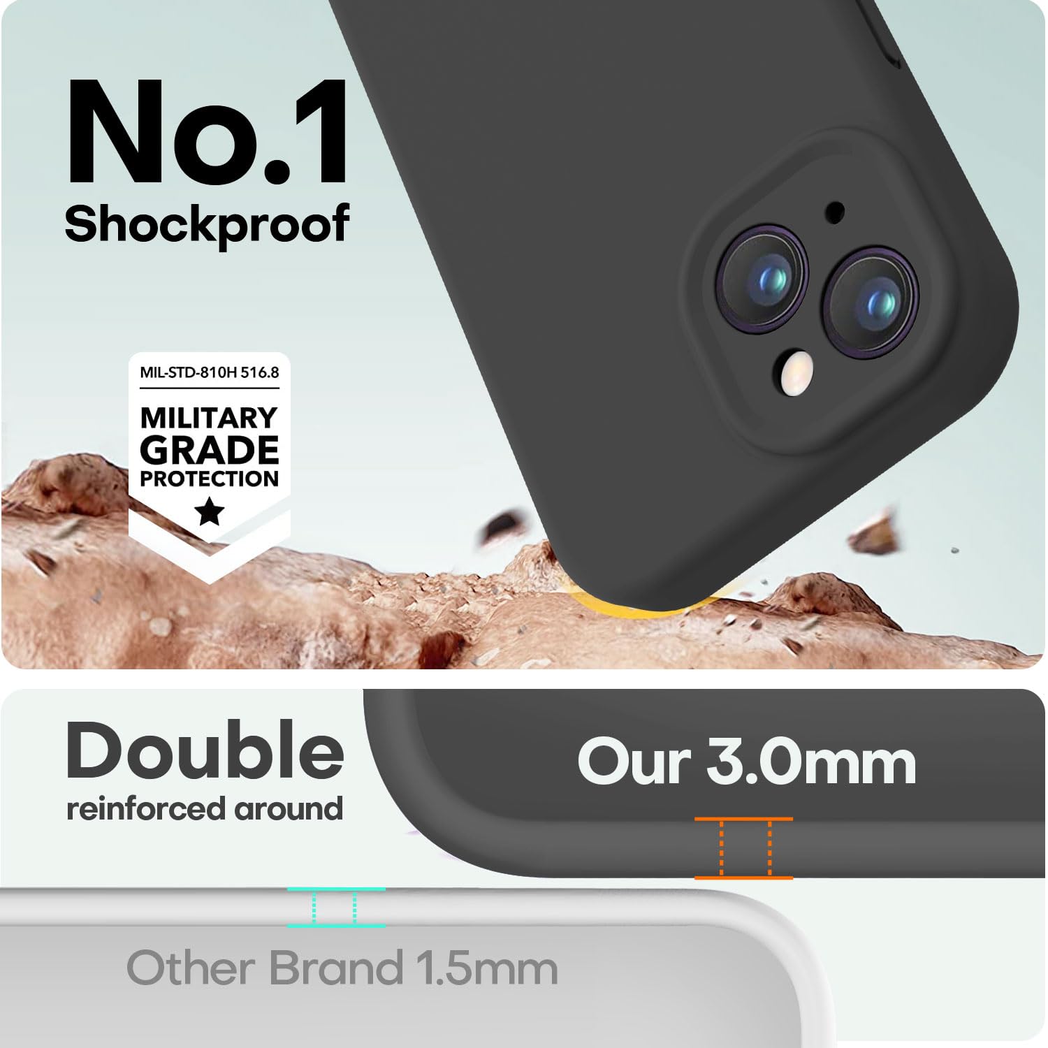 LOVE 3000 iPhone 15 Case 6.1 Inch - Shockproof Silicone Cover with 8ft Drop Protection, Full Body Camera Protection & Soft Microfiber Lining - Perfect for Daily Use, Outdoor Activities & Travel (Black)