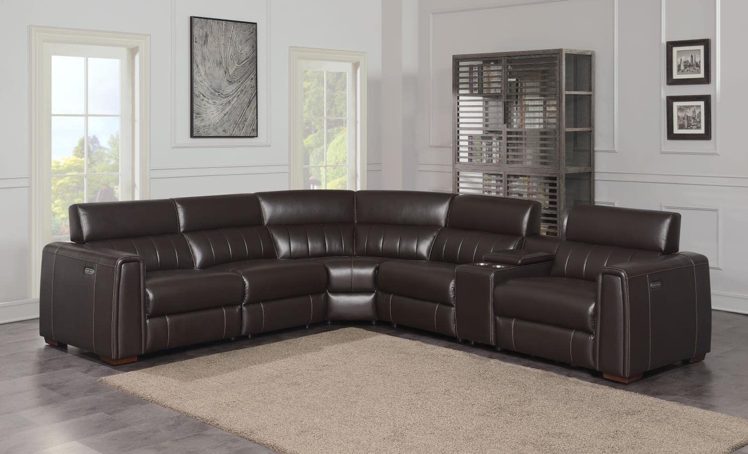 Steve Silver Nara 6-Piece Dual-Power Espresso Leather Reclining Sectional Sofa Set with USB Ports - Modern Living Room Furniture for Home Theater & Family Gatherings