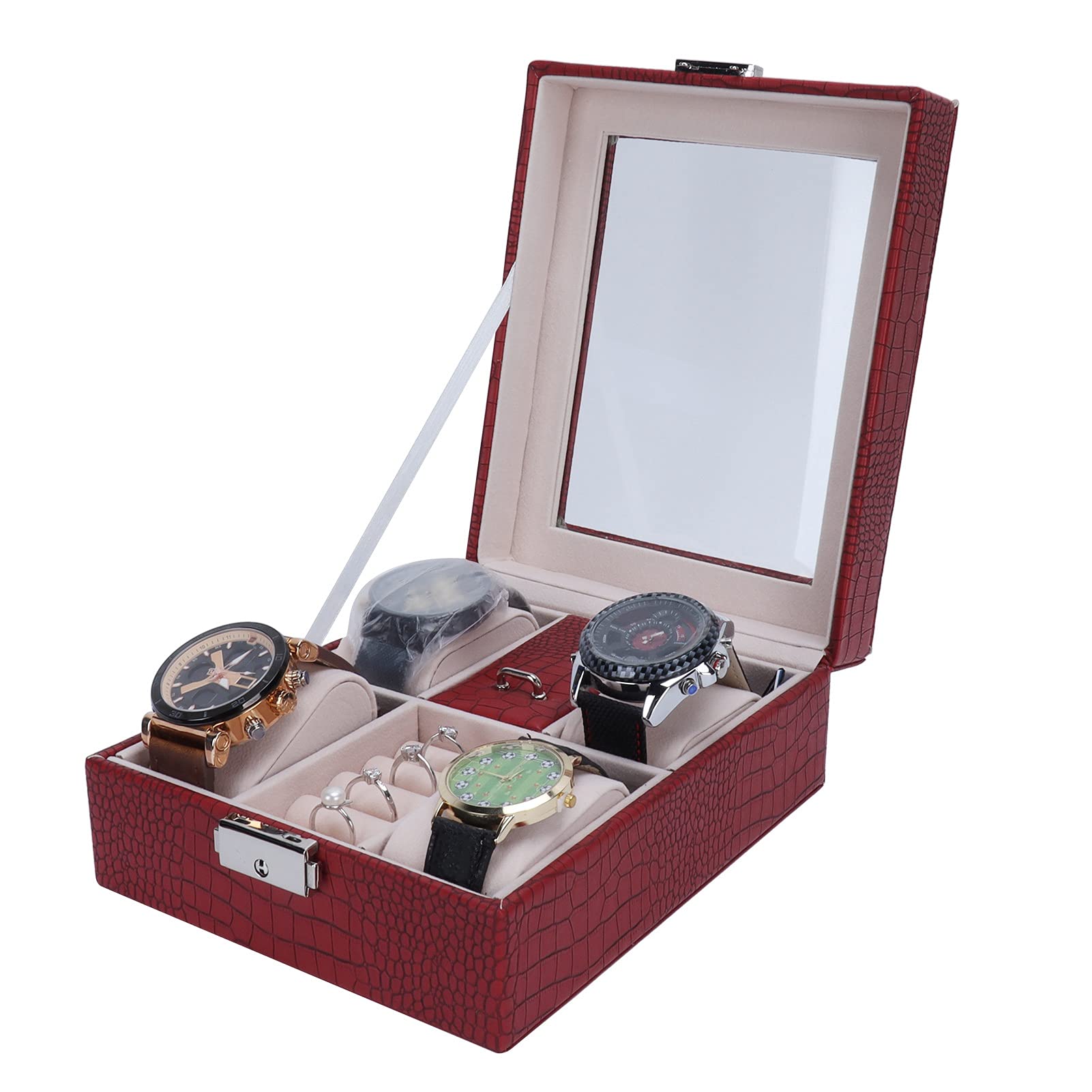 Greensen 4-Slot Watch Organizer Box with Flip Lid Lock - PU Leather Jewelry Display Case for Men & Women - Home, Office, Shop Storage Solution (Jujube Red) | Perfect for Watch Collectors, Jewelry Display, and Gift Giving