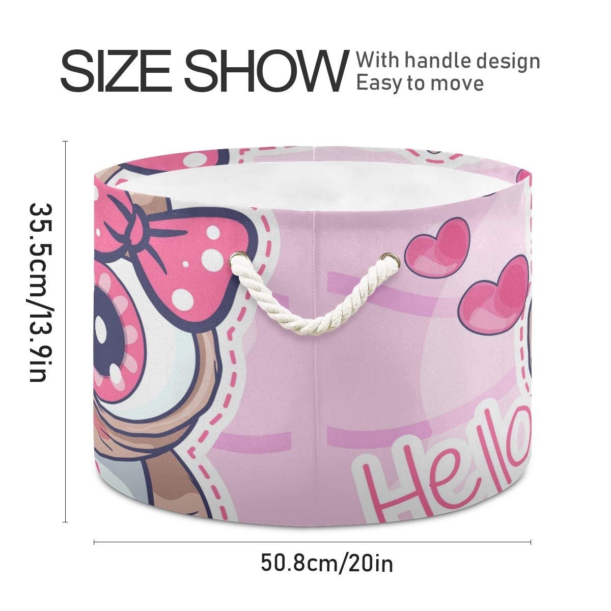 Collapsible Round Storage Basket - Fabric Toy Organizer & Laundry Hamper with Drawstrings for Kids | Cute Pink Cartoon Owl Design | Perfect for Nursery, Playroom, and Bedroom Organization
