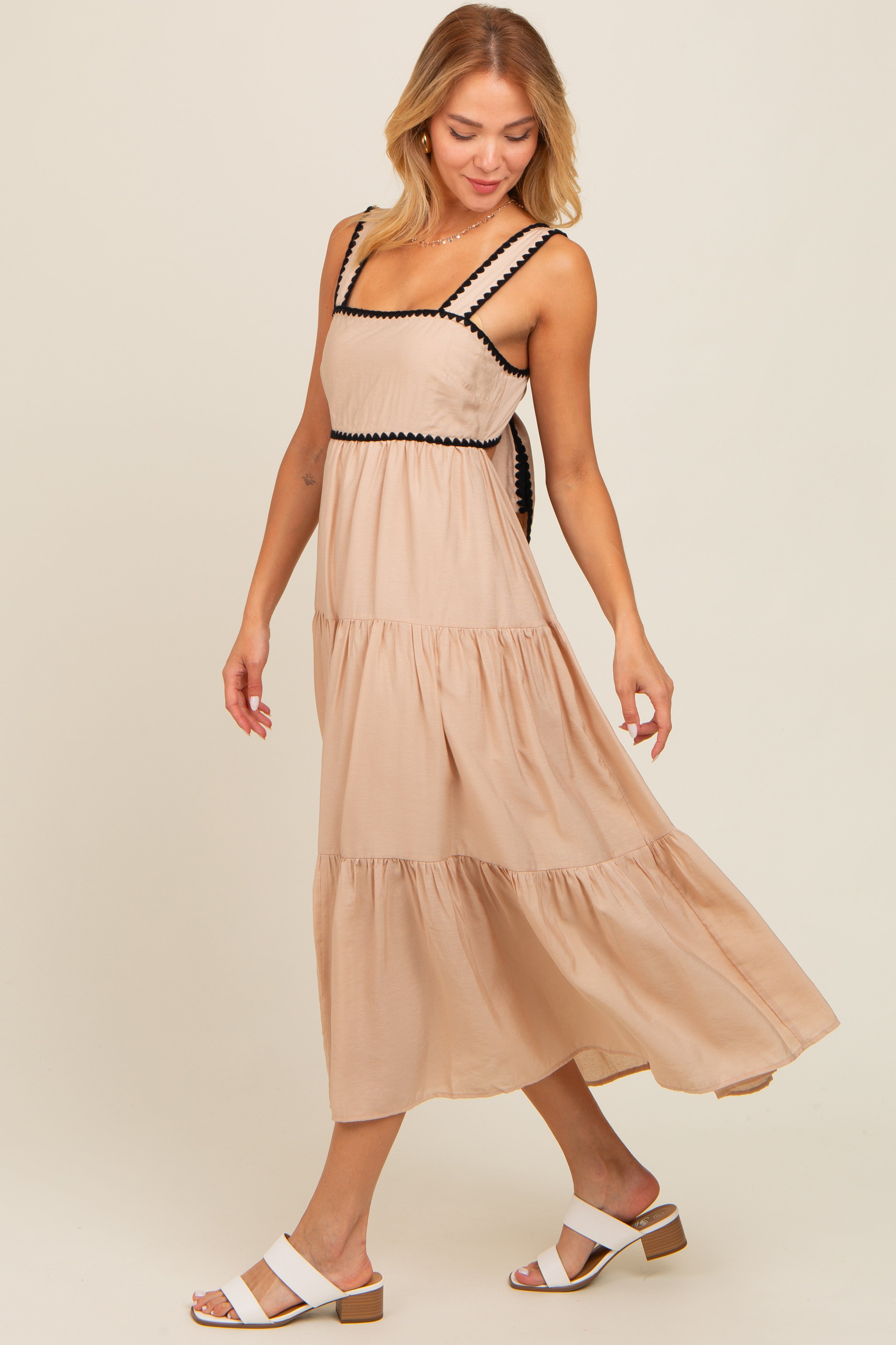 Beige Scallop Trim Tiered Midi Dress - Women's Vintage Floral Summer Dress for Beach, Wedding & Party | Boho Chic Style