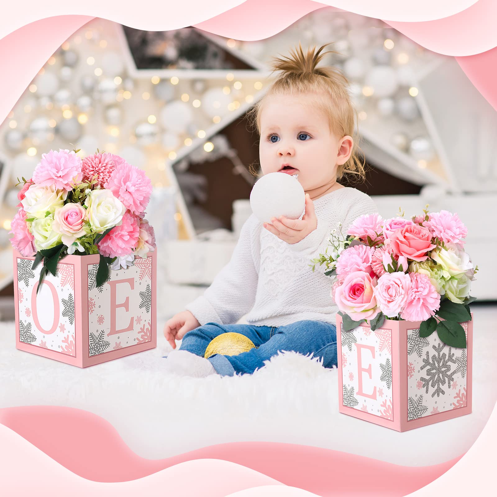 6 Pcs Winter Onederland Snowflake 1st Birthday Decorations Set - Floral Centerpiece Boxes for Baby Shower, Girl or Boy First Birthday Party Decor - Perfect for Table Centerpieces, Cake Display & Photo Backdrop Scenes