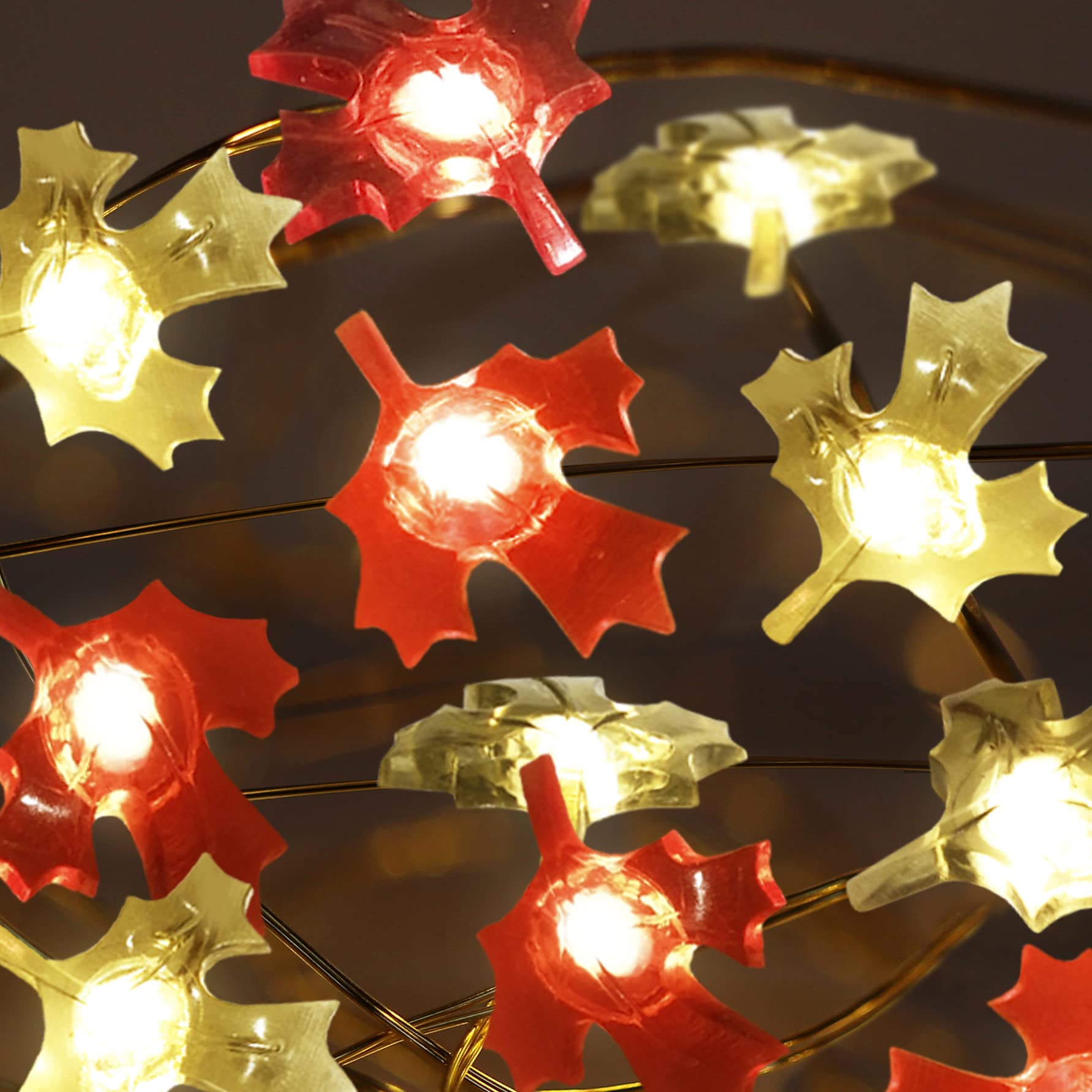 FURORA LIGHTING 20 LED Warm White Maple Leaf Fairy Lights - 90 Inch Battery Operated String Lights with 6/18 Hour Timer (Red & Green) for Bedroom, Christmas Tree, Wedding & Party Decorations