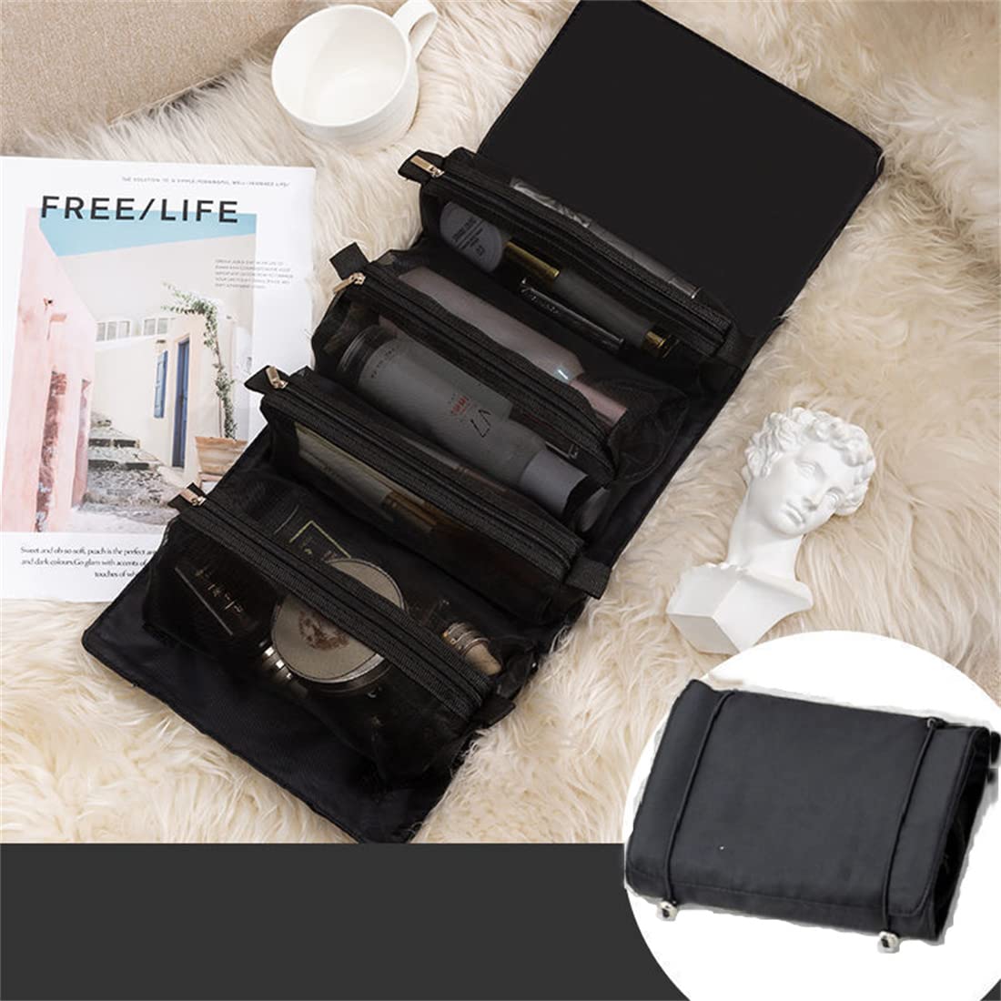 Large Waterproof Hanging Makeup Bag - Detachable Folding Travel Cosmetic Organizer with Separate Compartments for Toiletries (Black) | Perfect for Travel, Gym, Camping & Daily Storage