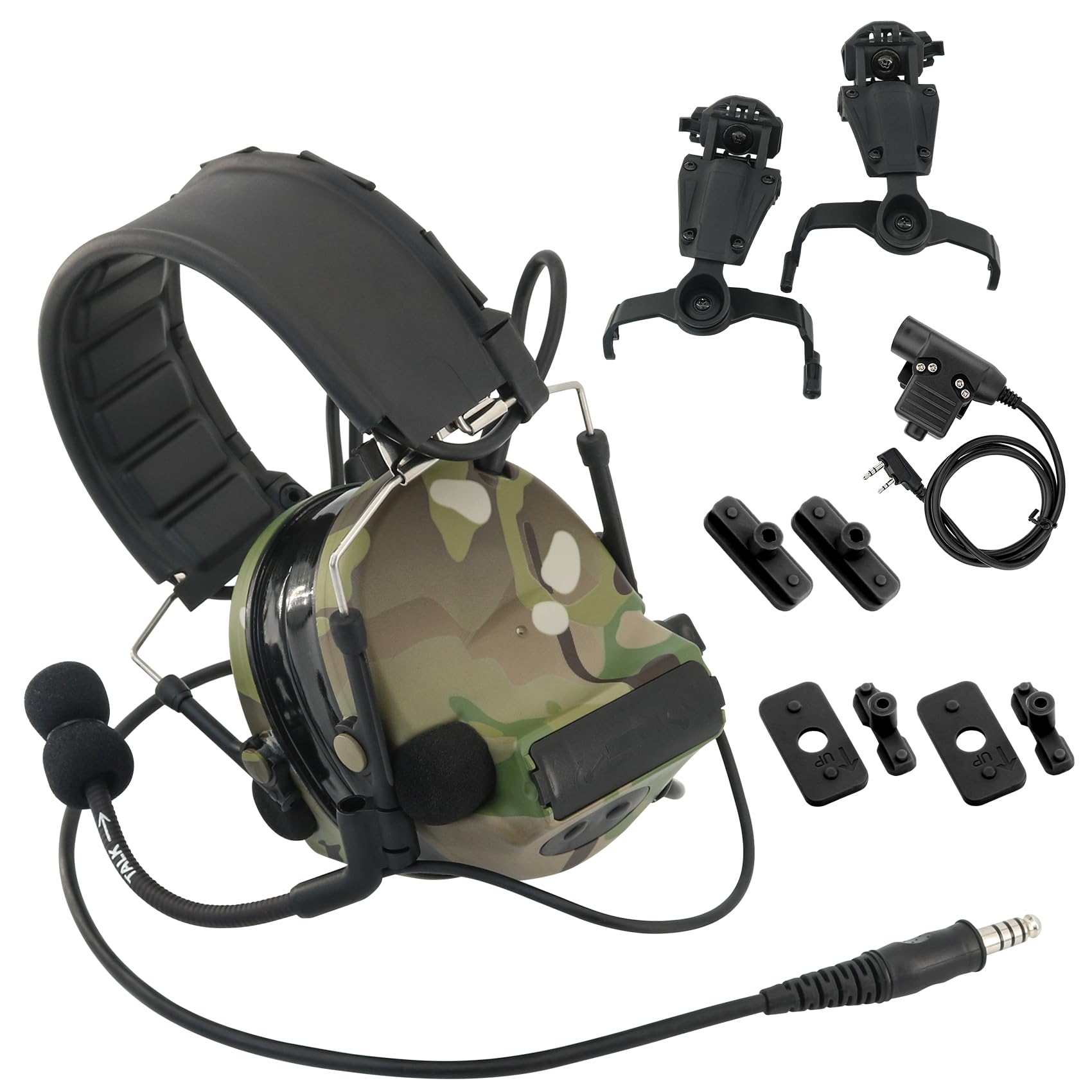 Tactical Headset with U94 PTT & Detachable Headband - Compatible with ARC, Mlok, Team Wendy Rail - Military & Airsoft Headphones (Multicam) - Perfect for Combat Training, Shooting Sports & Tactical Operations